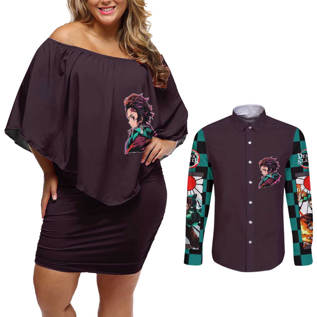 Kamado Tanjiro Demon Slayer Couples Matching Off Shoulder Short Dress and Long Sleeve Button Shirt Anime Style