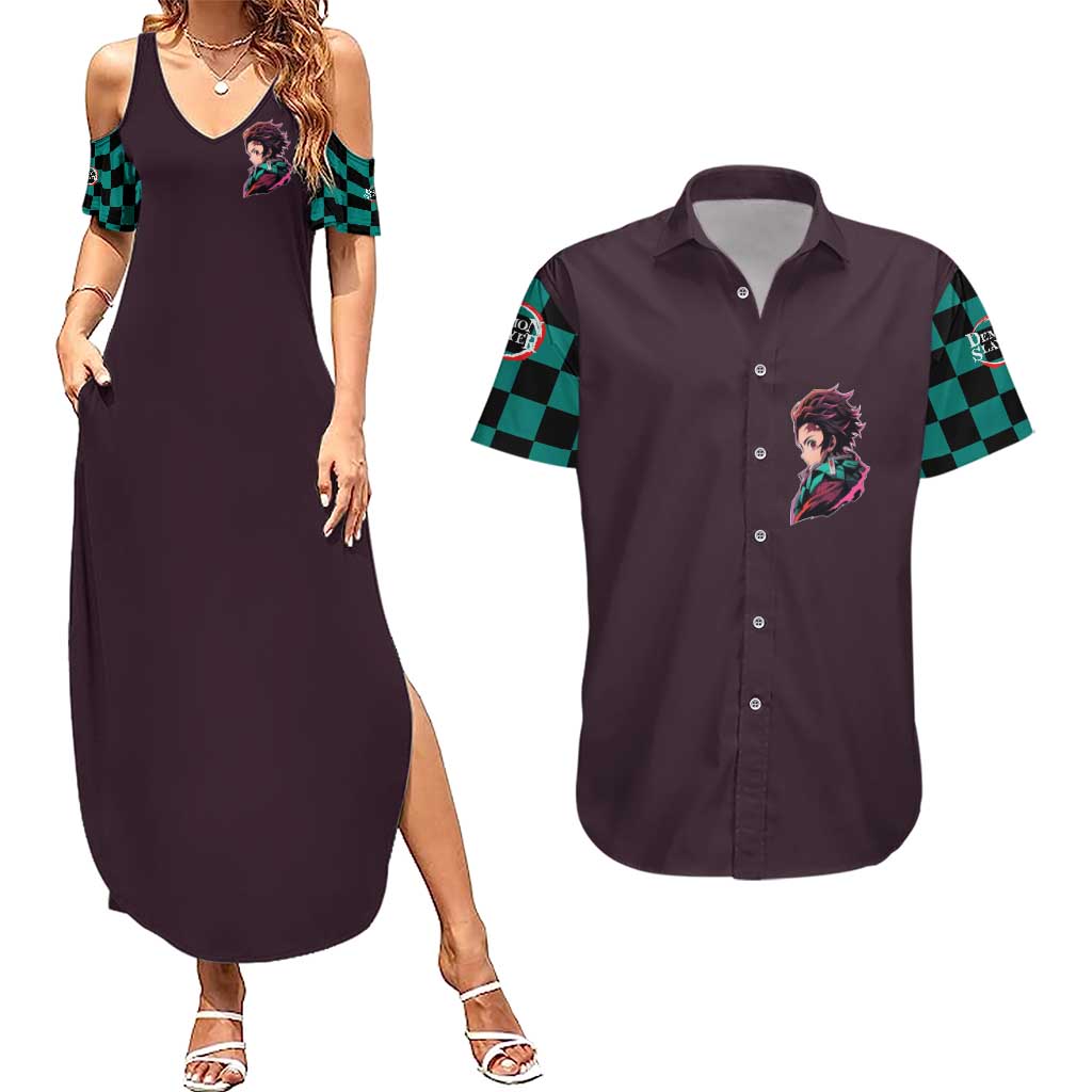 Kamado Tanjiro Demon Slayer Couples Matching Summer Maxi Dress and Hawaiian Shirt Anime Style