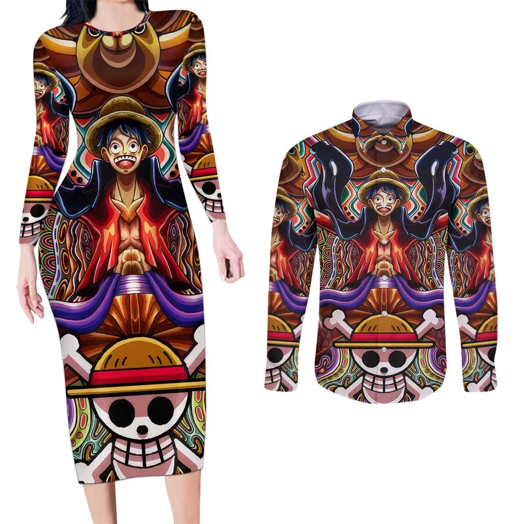 Trippy Monkey D. Luffy One Piece Couples Matching Long Sleeve Bodycon Dress and Long Sleeve Button Shirt Anime Mix Hippie Style