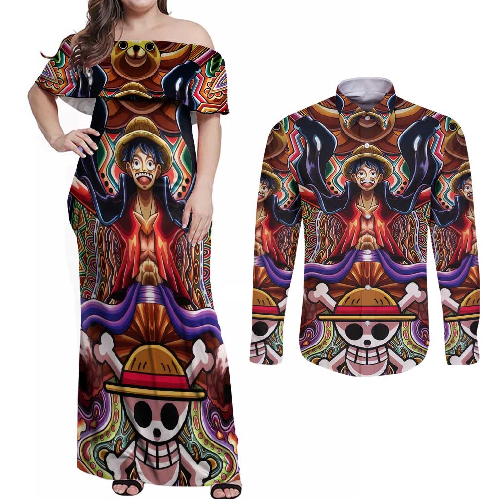 Trippy Monkey D. Luffy One Piece Couples Matching Off Shoulder Maxi Dress and Long Sleeve Button Shirt Anime Mix Hippie Style