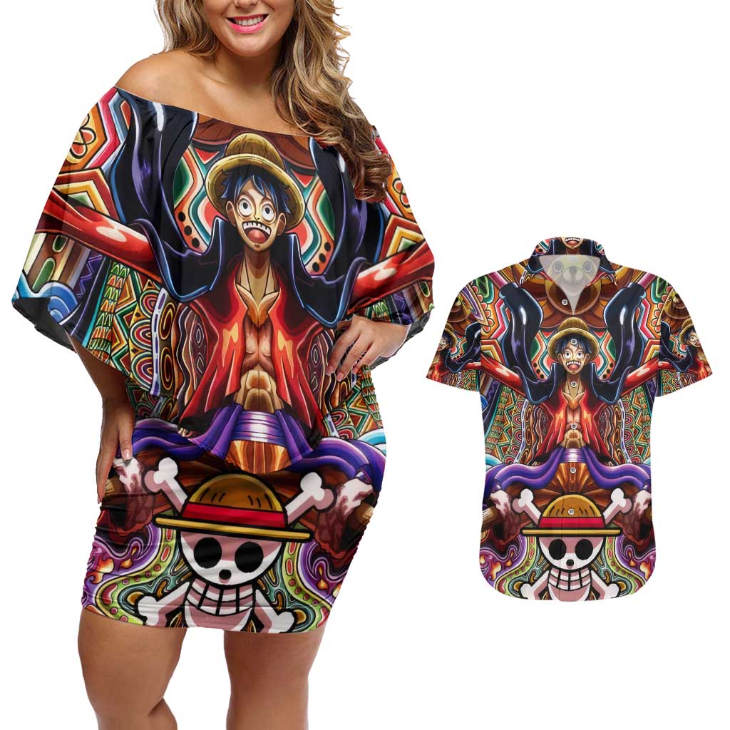 Trippy Monkey D. Luffy One Piece Couples Matching Off Shoulder Short Dress and Hawaiian Shirt Anime Mix Hippie Style