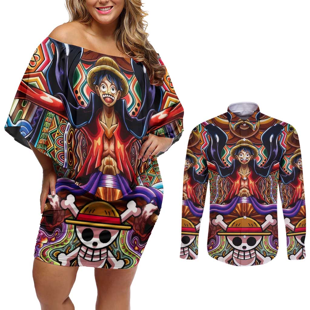 Trippy Monkey D. Luffy One Piece Couples Matching Off Shoulder Short Dress and Long Sleeve Button Shirt Anime Mix Hippie Style