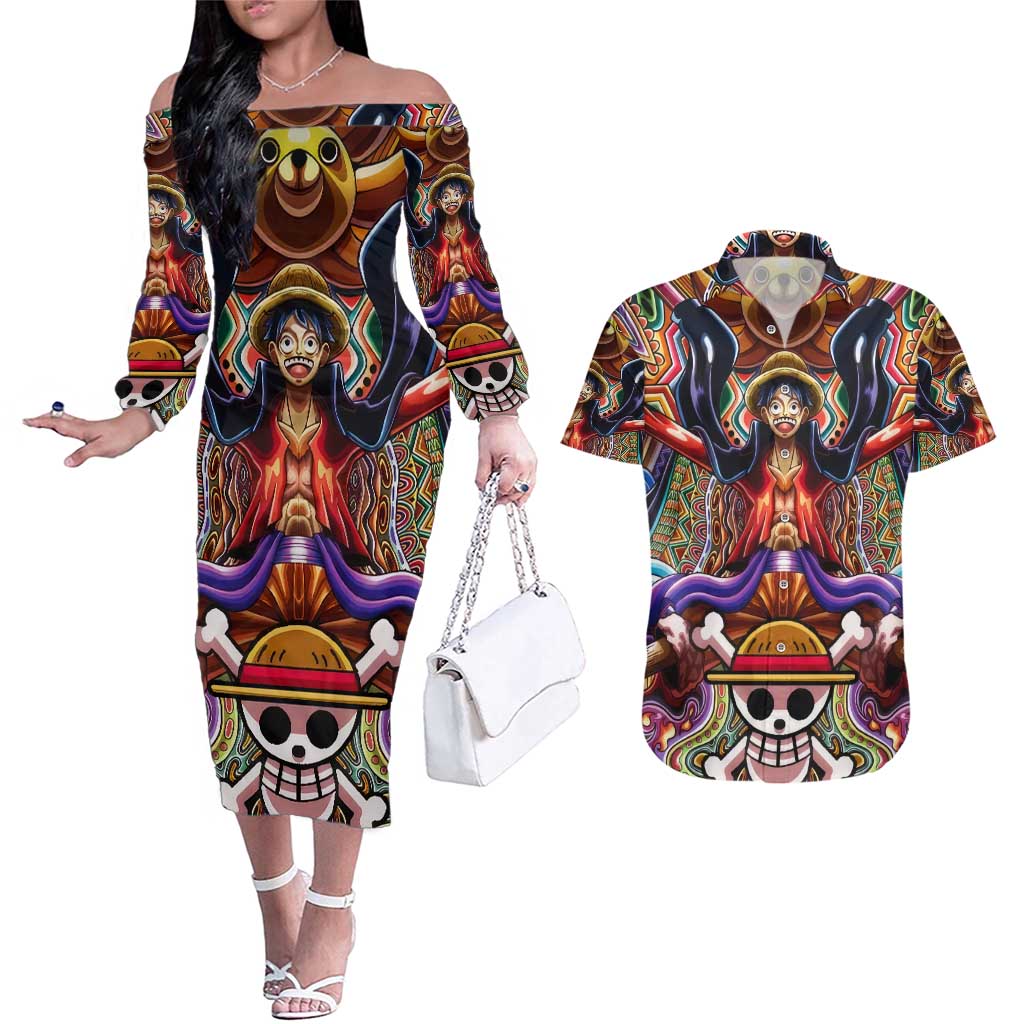 Trippy Monkey D. Luffy One Piece Couples Matching Off The Shoulder Long Sleeve Dress and Hawaiian Shirt Anime Mix Hippie Style