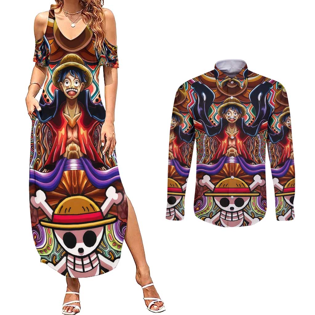 Trippy Monkey D. Luffy One Piece Couples Matching Summer Maxi Dress and Long Sleeve Button Shirt Anime Mix Hippie Style