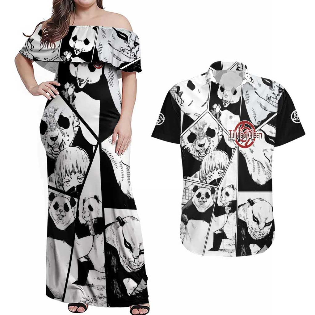 Panda Jujutsu Kaisen Couples Matching Off Shoulder Maxi Dress and Hawaiian Shirt Japan Anime Style