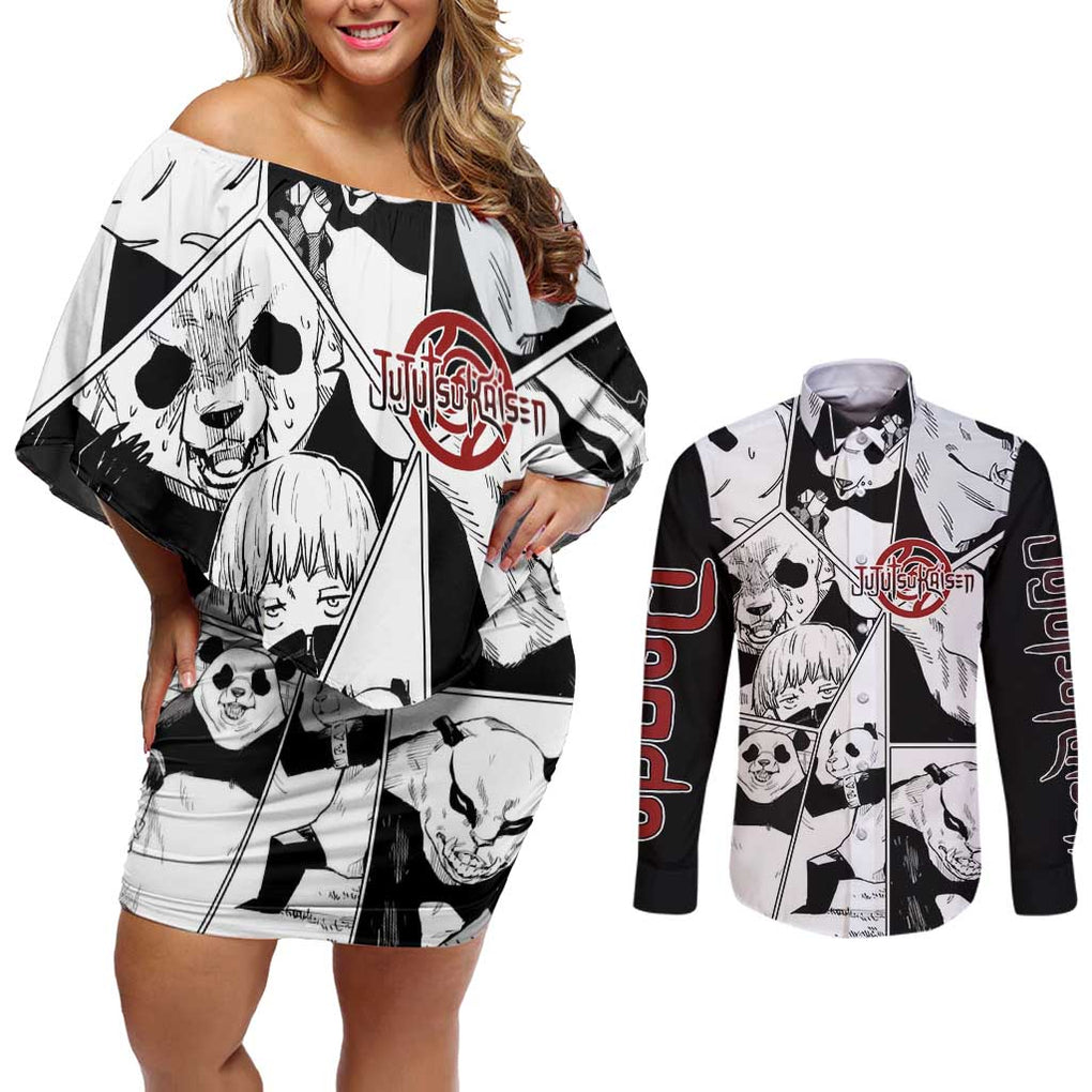 Panda Jujutsu Kaisen Couples Matching Off Shoulder Short Dress and Long Sleeve Button Shirt Japan Anime Style