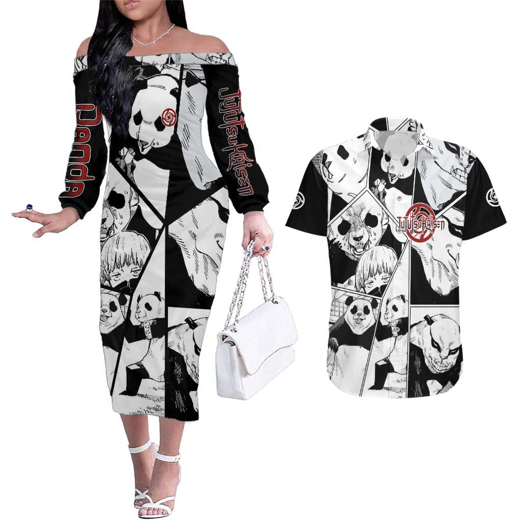 Panda Jujutsu Kaisen Couples Matching Off The Shoulder Long Sleeve Dress and Hawaiian Shirt Japan Anime Style