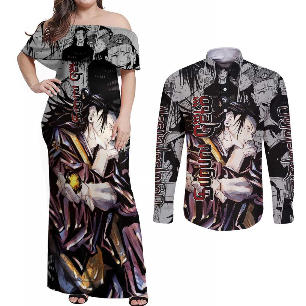 Suguru Geto - Jujutsu Kaisen Couples Matching Off Shoulder Maxi Dress and Long Sleeve Button Shirt Anime Style