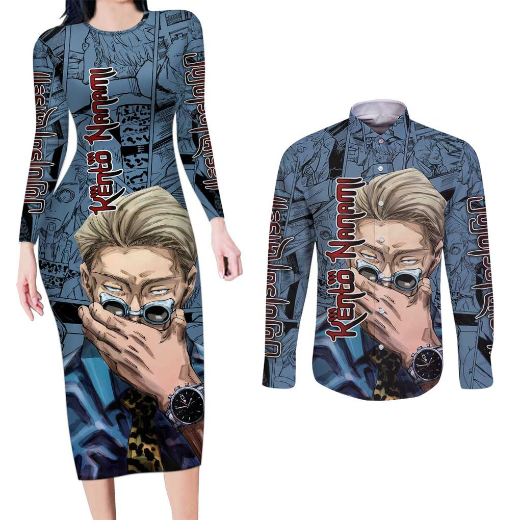 Kento Nanami - Jujutsu Kaisen Couples Matching Long Sleeve Bodycon Dress and Long Sleeve Button Shirt Anime Style