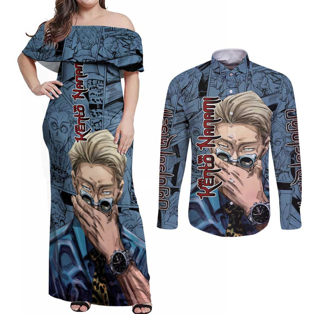 Kento Nanami - Jujutsu Kaisen Couples Matching Off Shoulder Maxi Dress and Long Sleeve Button Shirt Anime Style