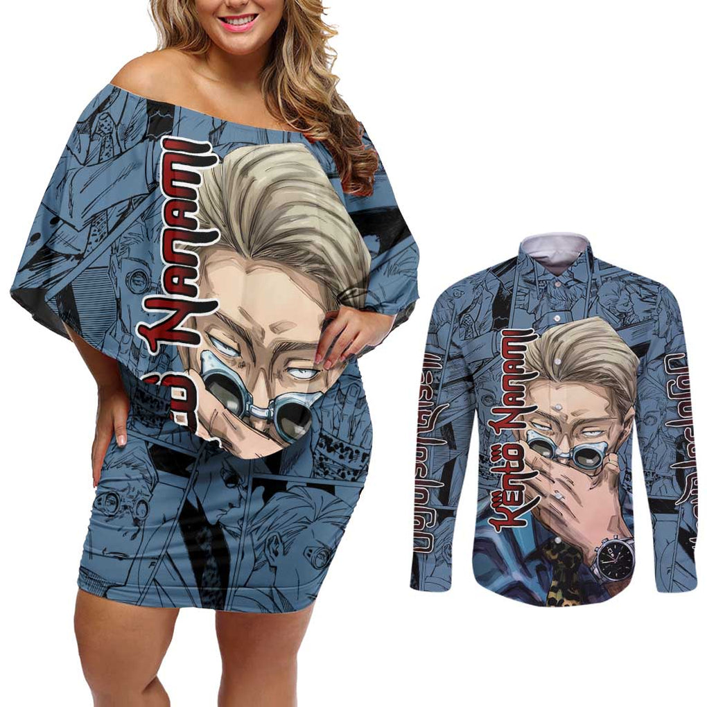 Kento Nanami - Jujutsu Kaisen Couples Matching Off Shoulder Short Dress and Long Sleeve Button Shirt Anime Style