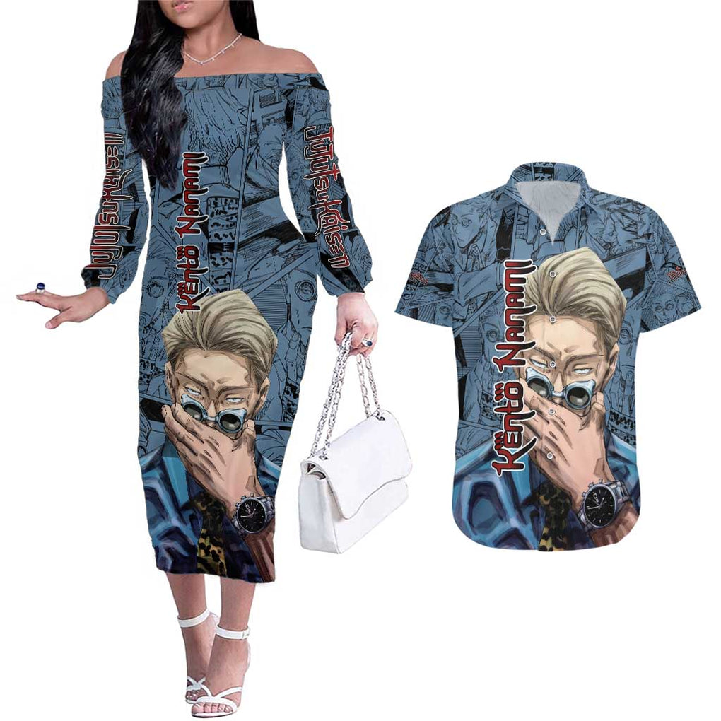 Kento Nanami - Jujutsu Kaisen Couples Matching Off The Shoulder Long Sleeve Dress and Hawaiian Shirt Anime Style