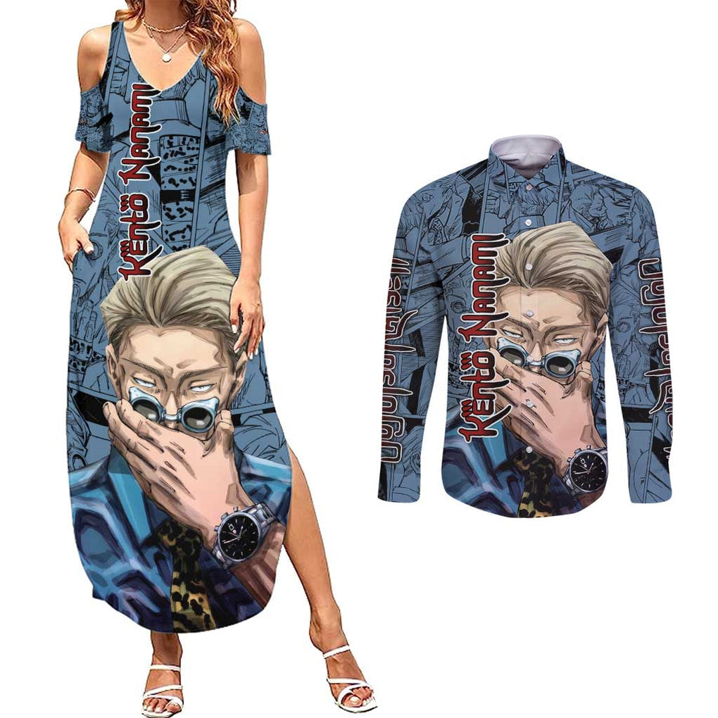 Kento Nanami - Jujutsu Kaisen Couples Matching Summer Maxi Dress and Long Sleeve Button Shirt Anime Style