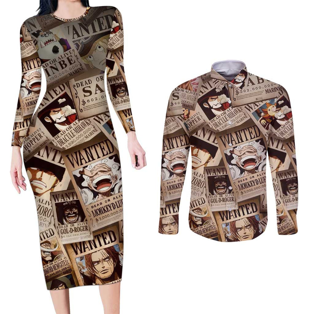 One Piece Wanted - One Piece Couples Matching Long Sleeve Bodycon Dress and Long Sleeve Button Shirt Anime Style