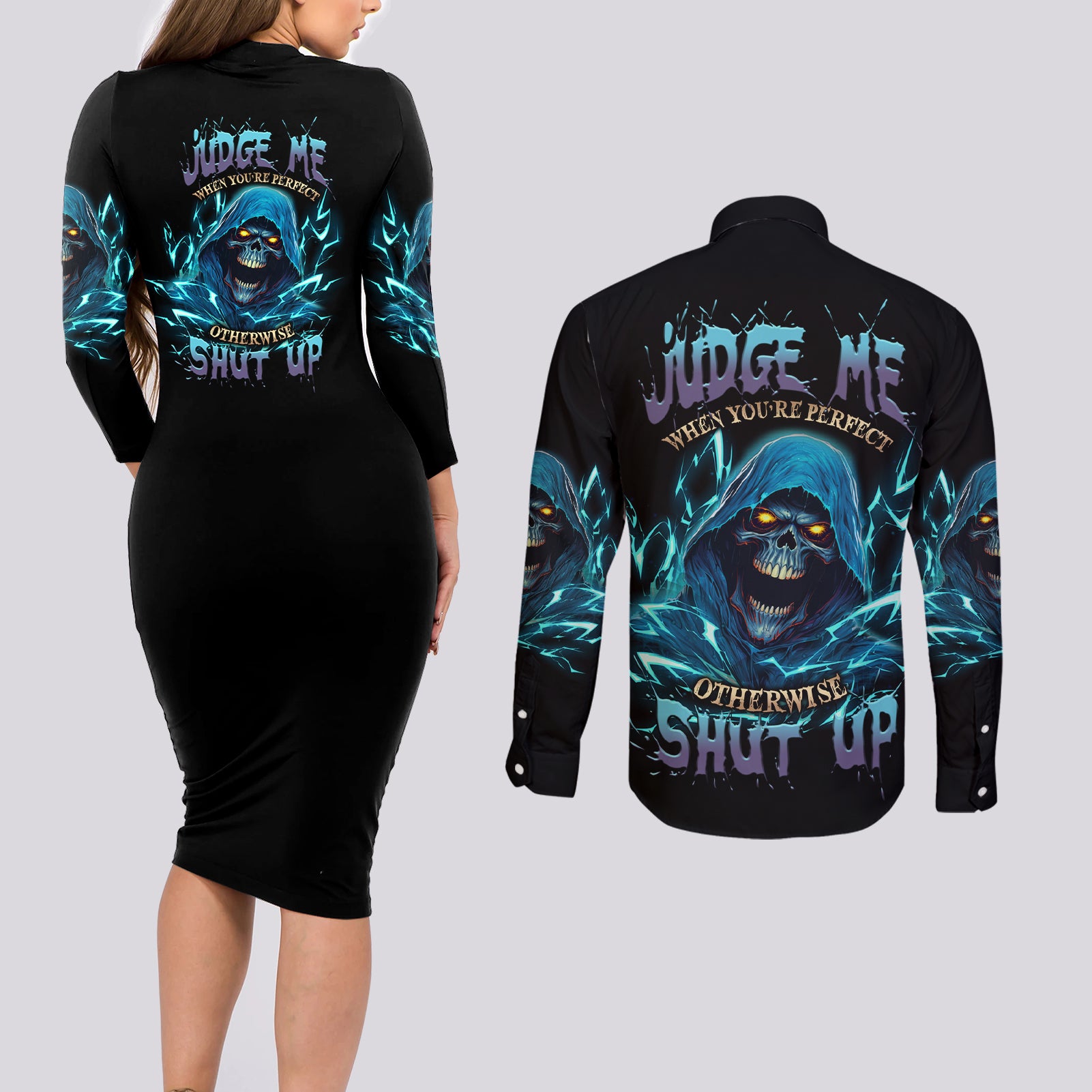 judge-me-when-mad-reaper-skull-couples-matching-long-sleeve-bodycon-dress-and-long-sleeve-button-shirt