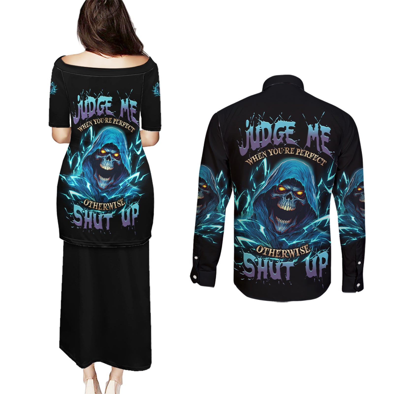 judge-me-when-mad-reaper-skull-couples-matching-puletasi-dress-and-long-sleeve-button-shirt