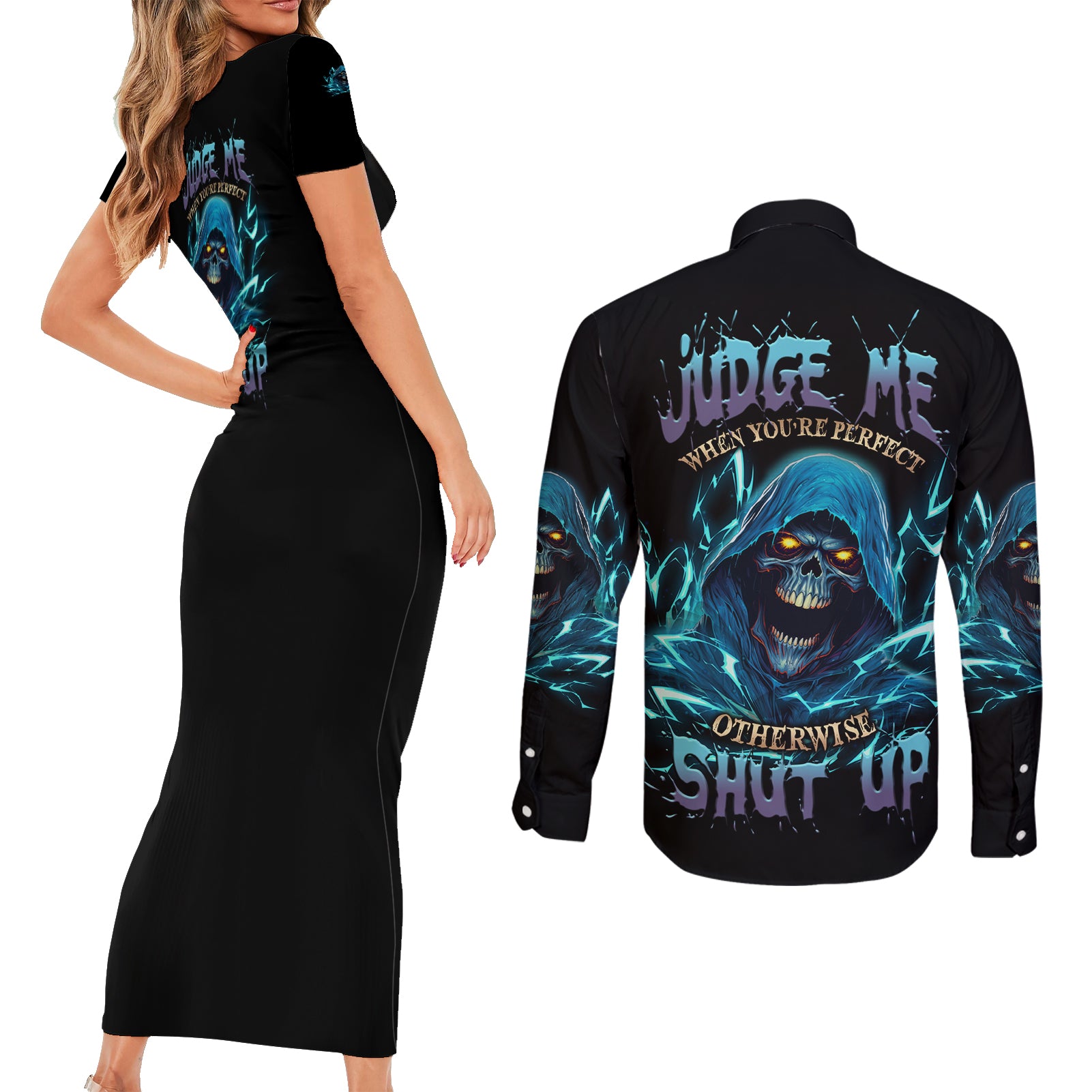 judge-me-when-mad-reaper-skull-couples-matching-short-sleeve-bodycon-dress-and-long-sleeve-button-shirt