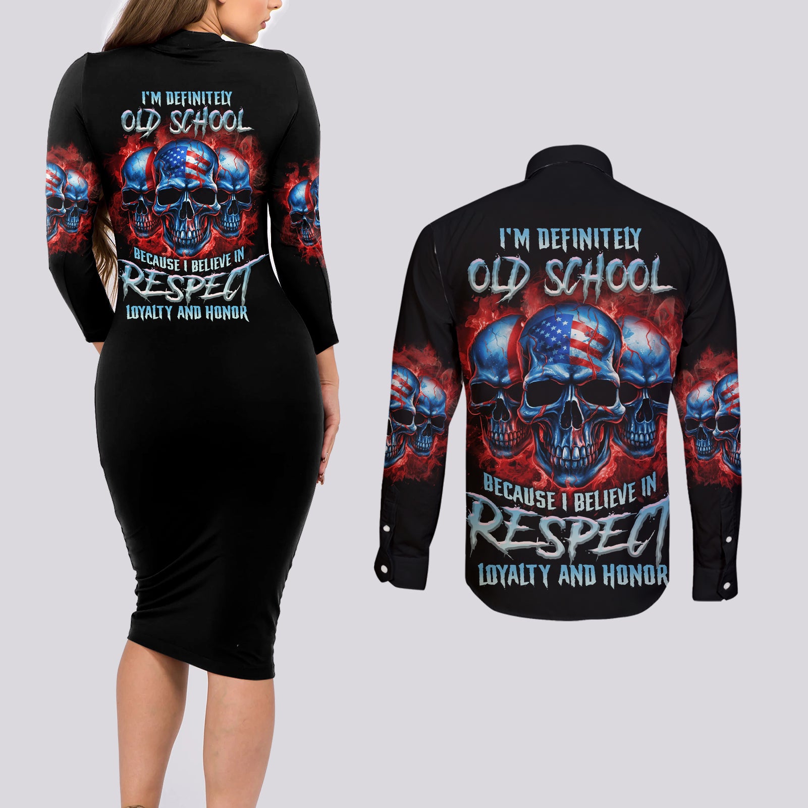 i-believe-in-respect-3-skulls-couples-matching-long-sleeve-bodycon-dress-and-long-sleeve-button-shirt