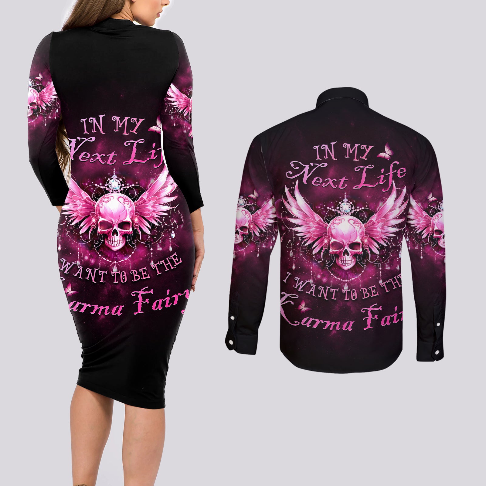 karma-fairy-skull-in-my-next-life-couples-matching-long-sleeve-bodycon-dress-and-long-sleeve-button-shirt