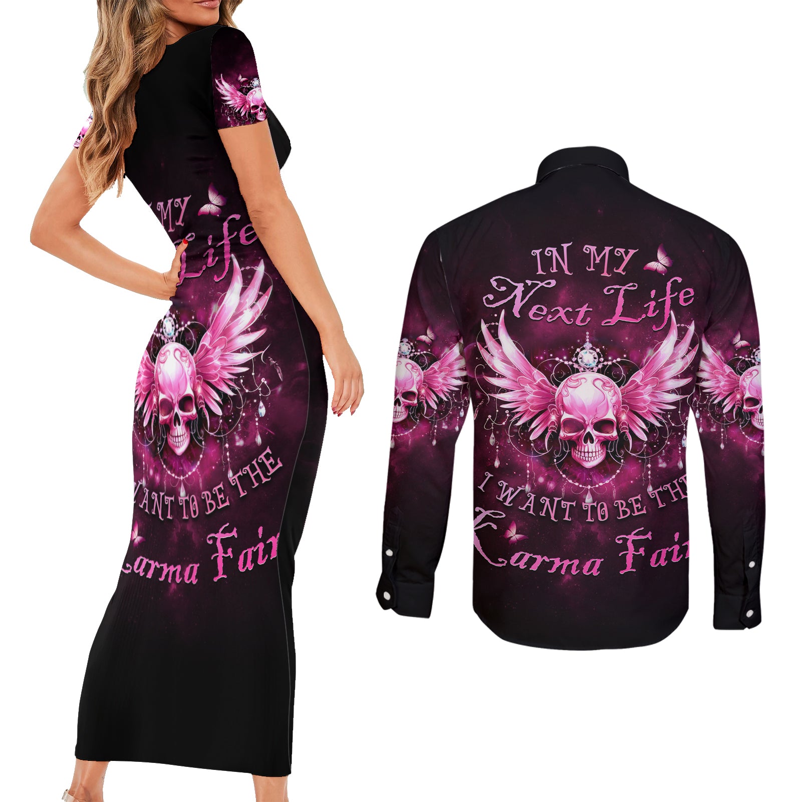 karma-fairy-skull-in-my-next-life-couples-matching-short-sleeve-bodycon-dress-and-long-sleeve-button-shirt