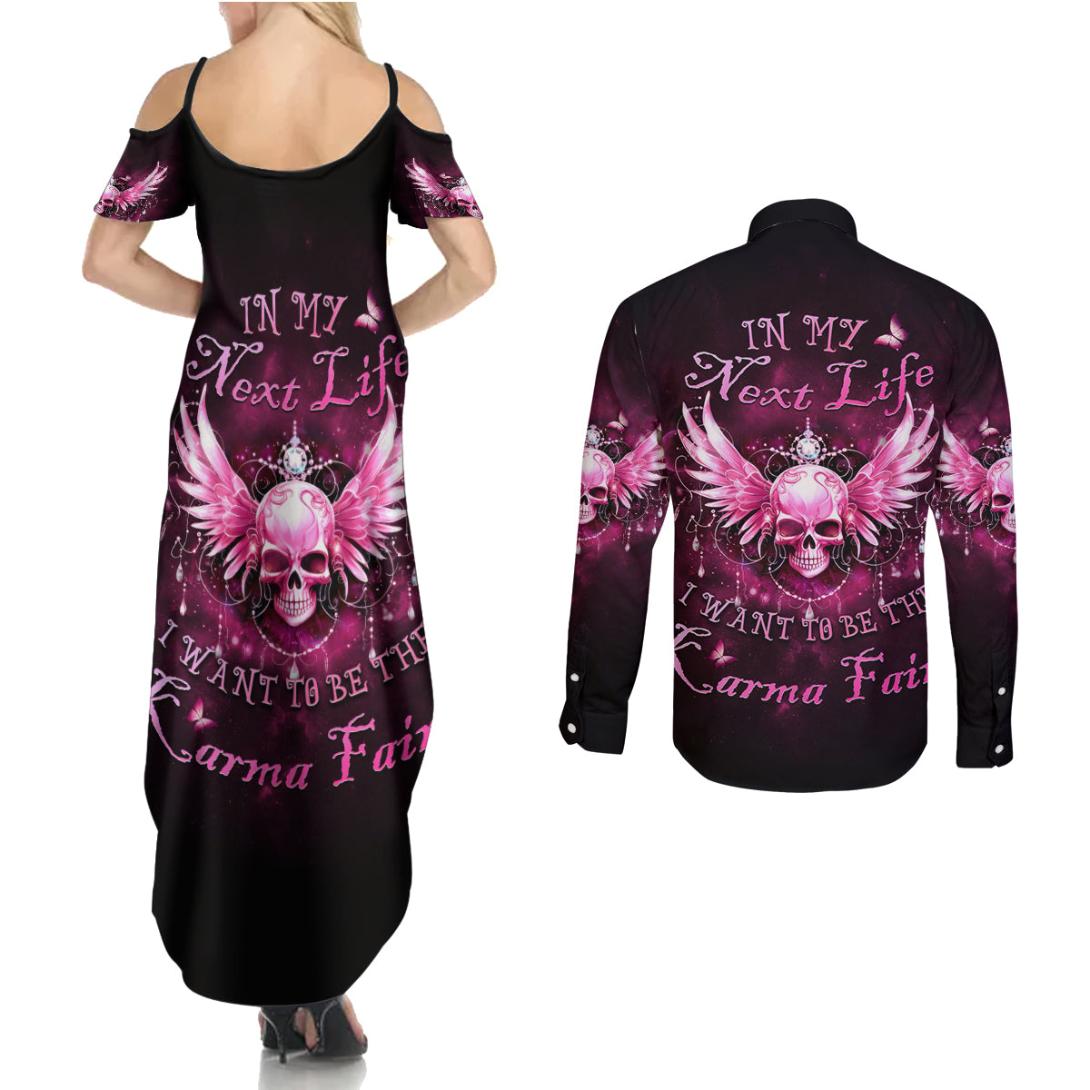 karma-fairy-skull-in-my-next-life-couples-matching-summer-maxi-dress-and-long-sleeve-button-shirt