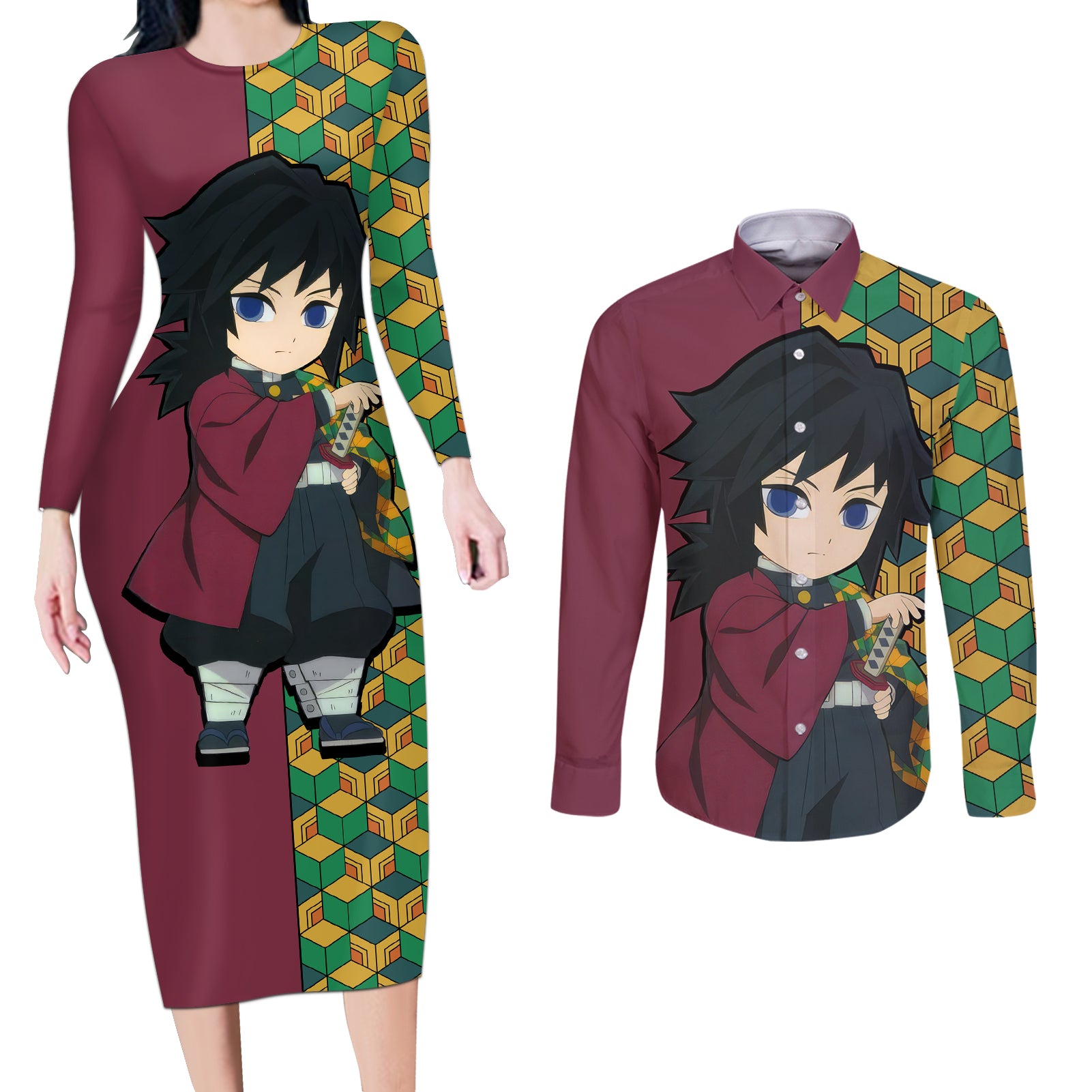 Giyuu Couples Matching Long Sleeve Bodycon Dress and Long Sleeve Button Shirt Demon Slayer Funny Style