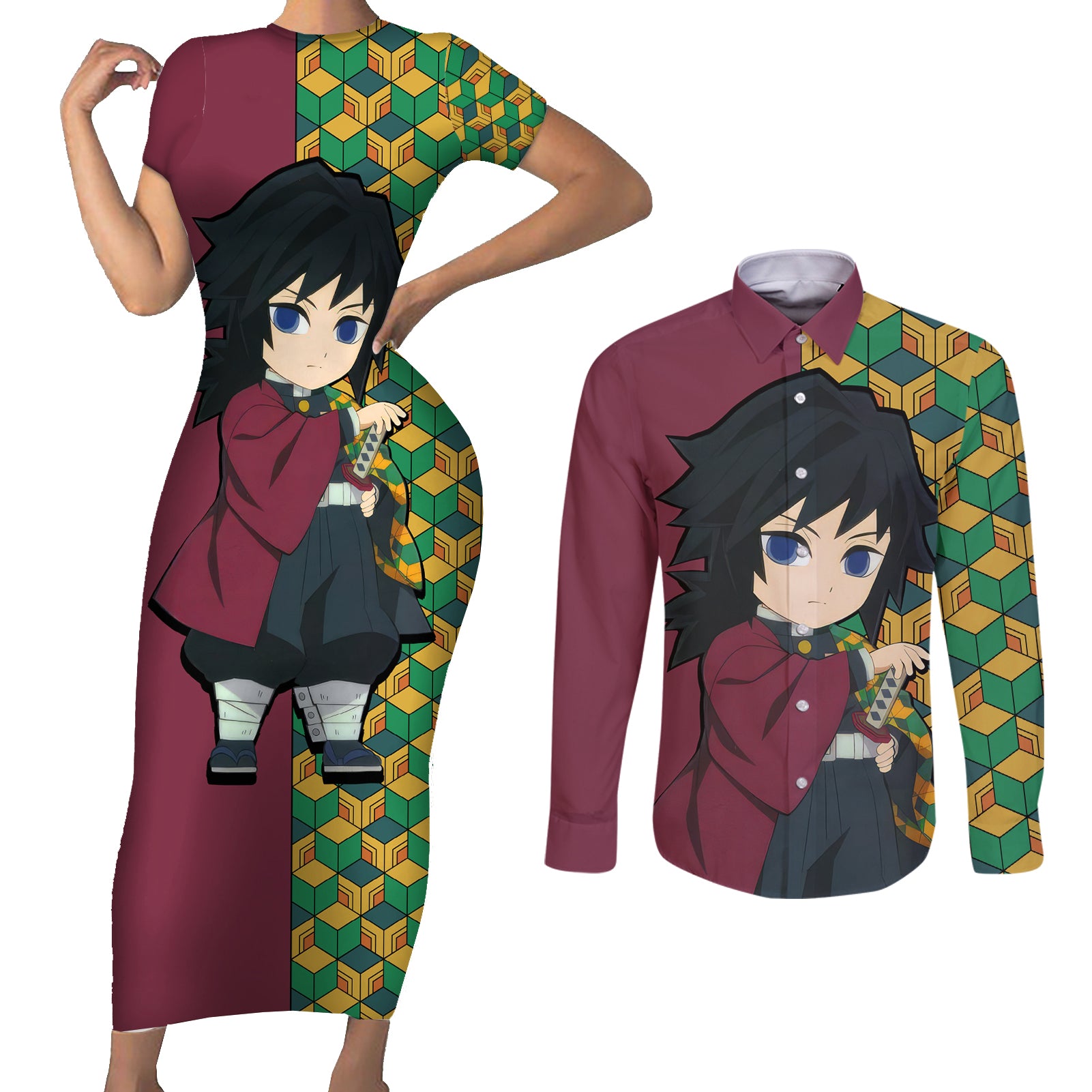 Giyuu Couples Matching Short Sleeve Bodycon Dress and Long Sleeve Button Shirt Demon Slayer Funny Style