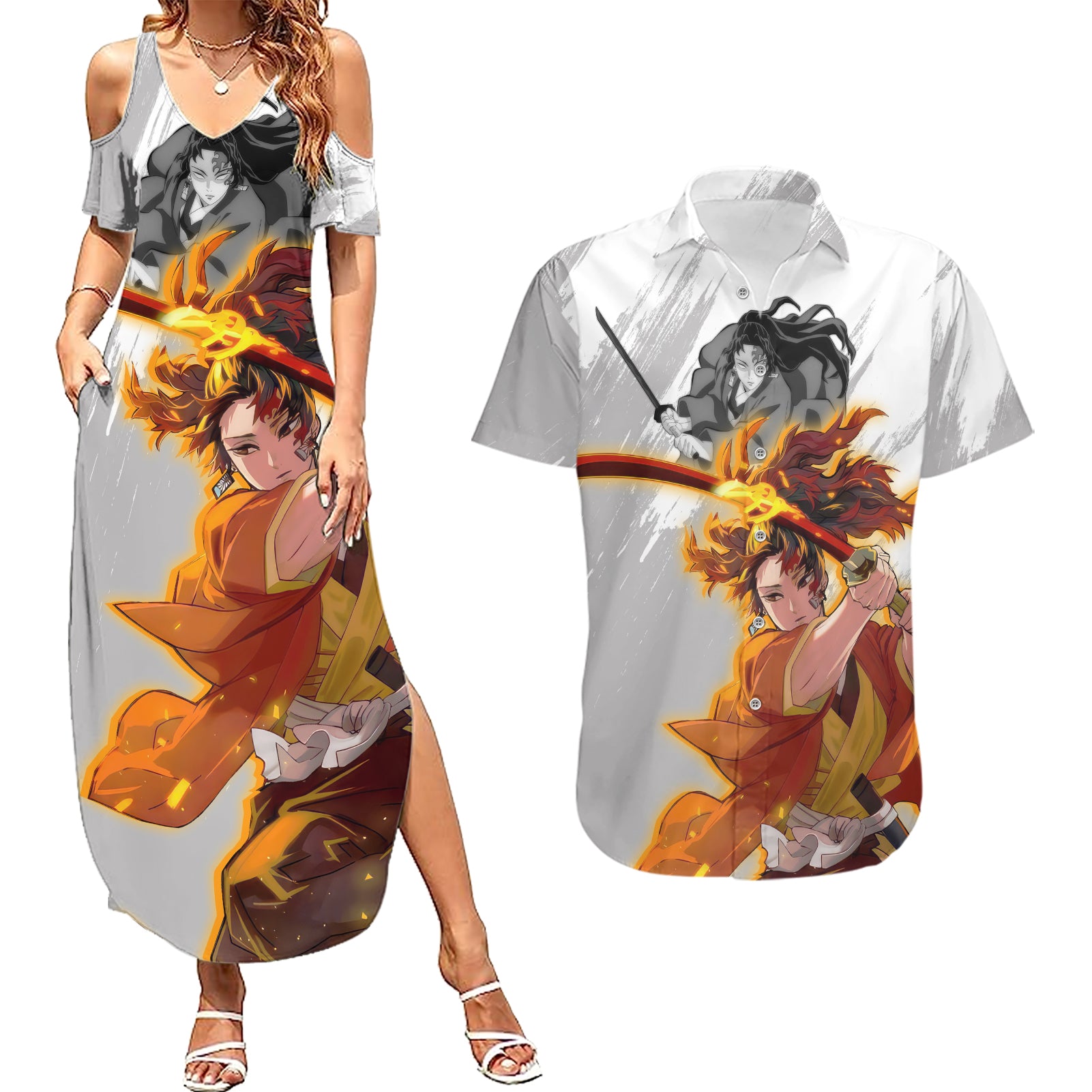 Yoriichi Tsugikuni Couples Matching Summer Maxi Dress and Hawaiian Shirt Demon Slayer