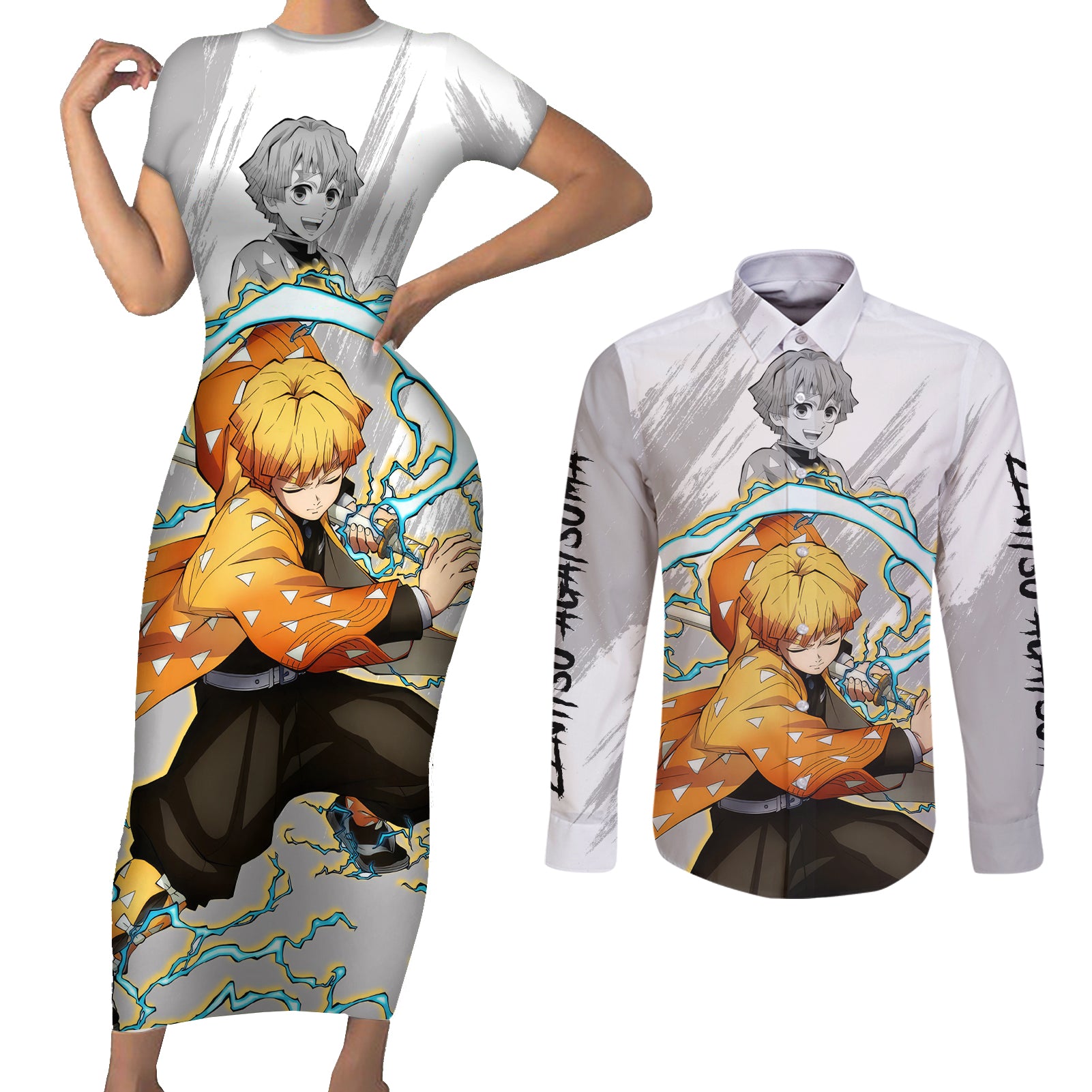 Zenitsu Couples Matching Short Sleeve Bodycon Dress and Long Sleeve Button Shirt Demon Slayer