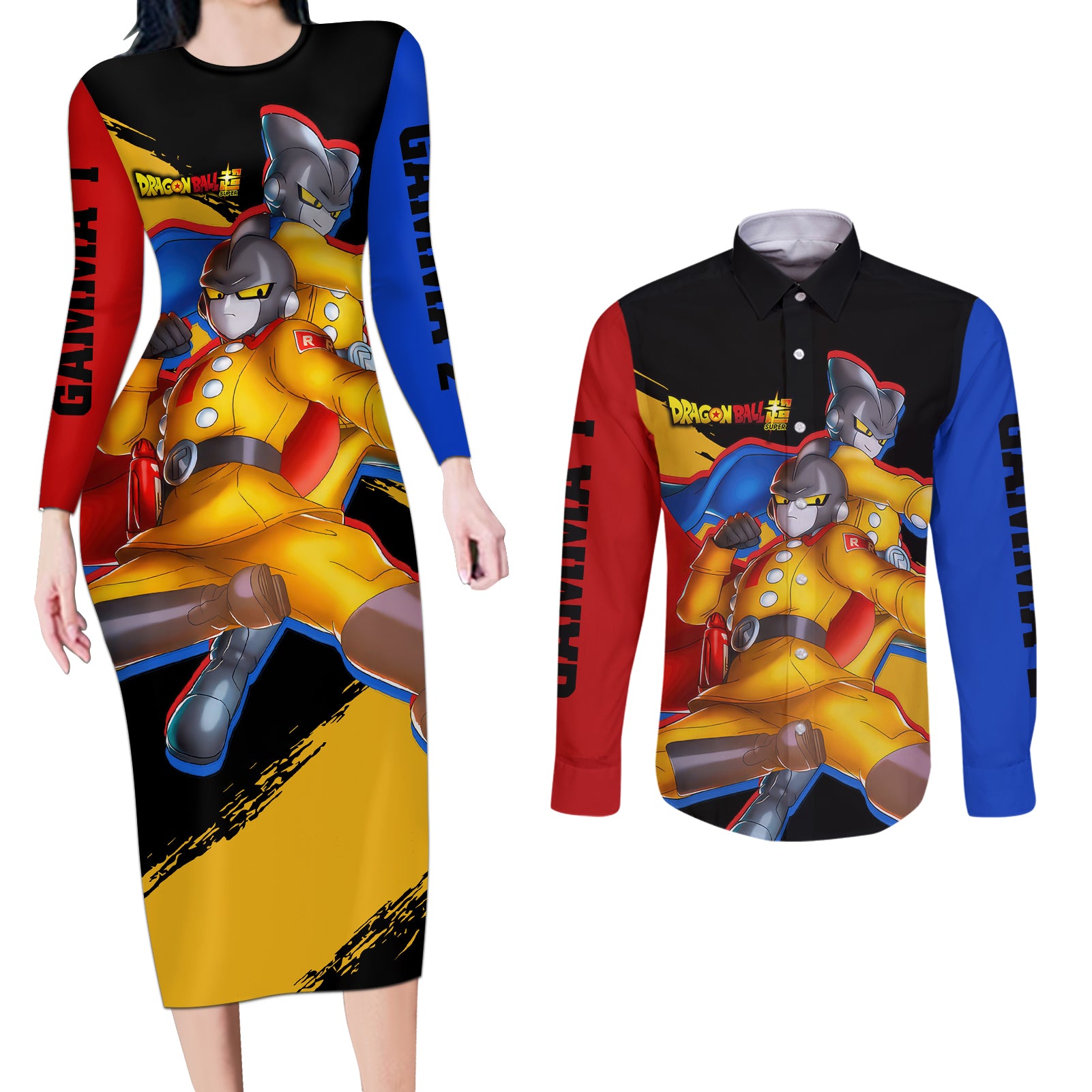 Gamma 1 and Gamma 2 Couples Matching Long Sleeve Bodycon Dress and Long Sleeve Button Shirt Dragon Ball Super