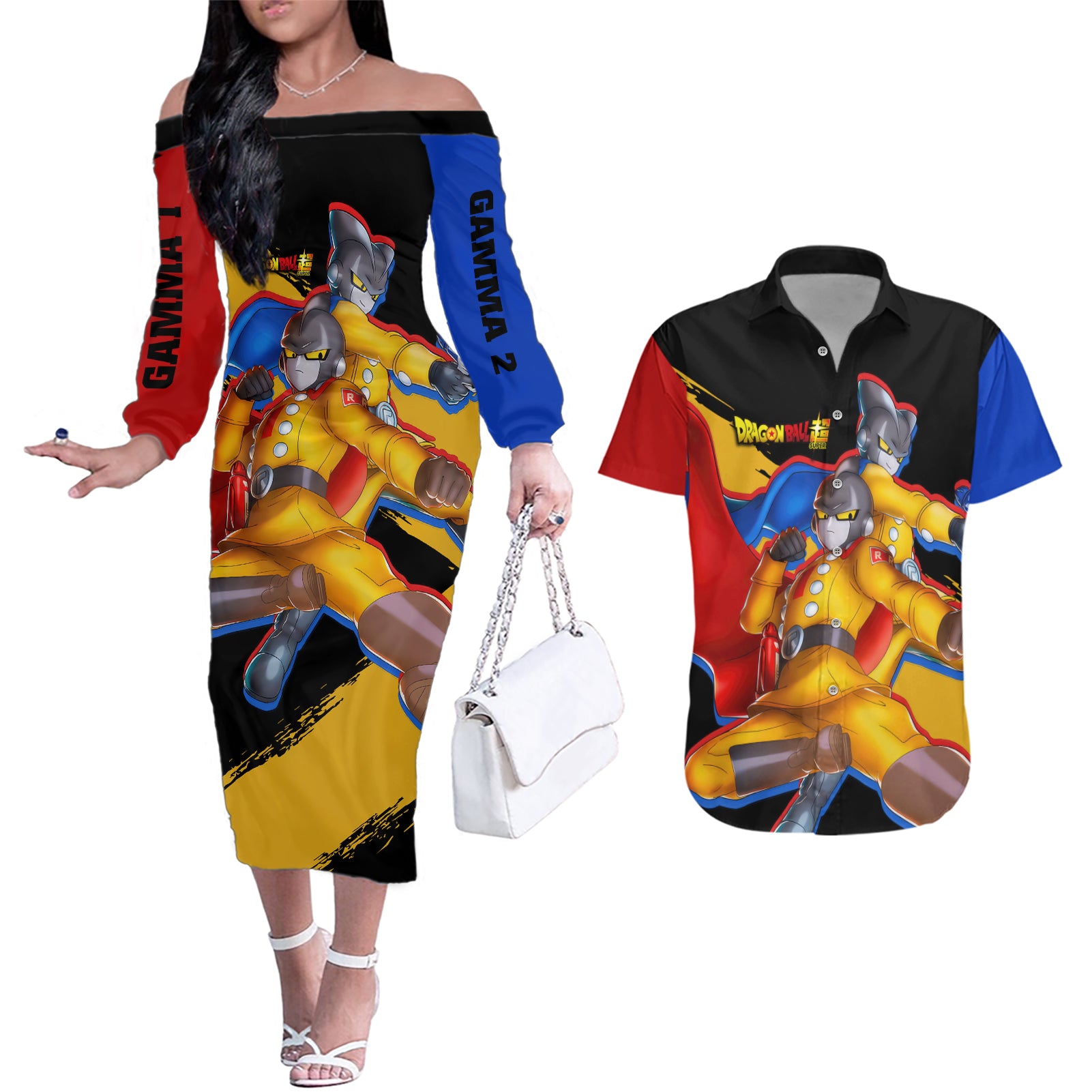 Gamma 1 and Gamma 2 Couples Matching Off The Shoulder Long Sleeve Dress and Hawaiian Shirt Dragon Ball Super