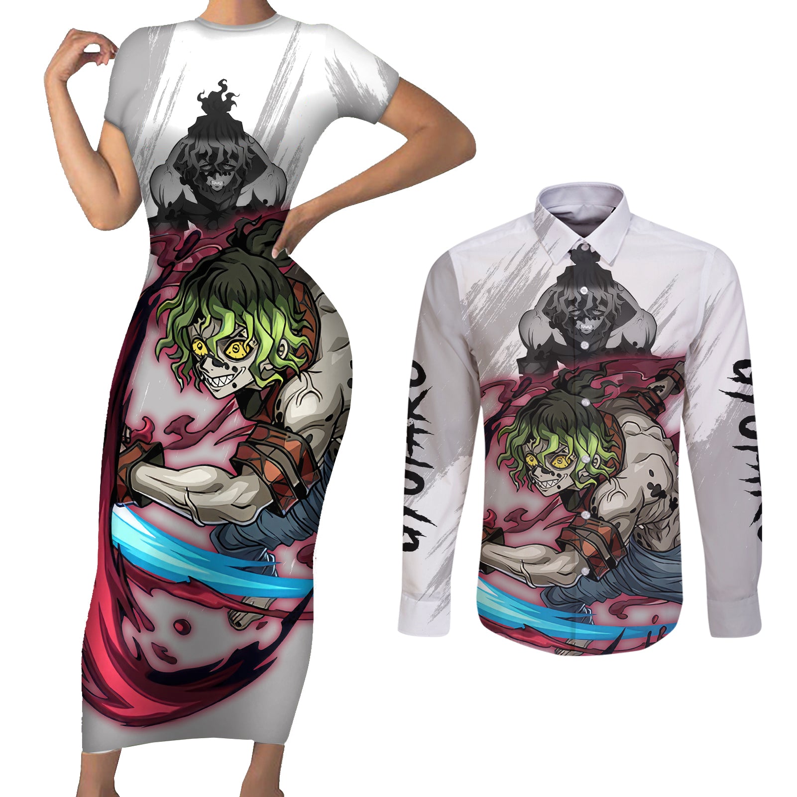 Gyutaro Couples Matching Short Sleeve Bodycon Dress and Long Sleeve Button Shirt Demon Slayer