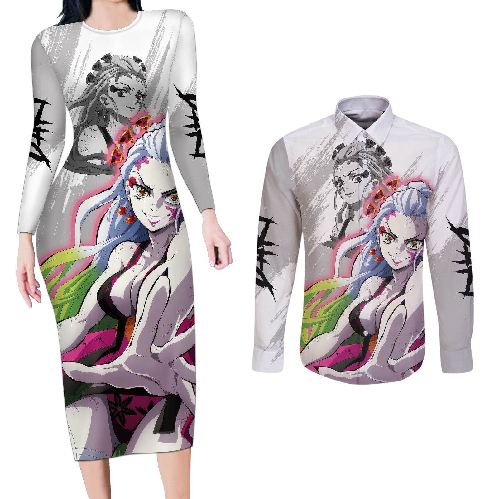 Daki Couples Matching Long Sleeve Bodycon Dress and Long Sleeve Button Shirt Demon Slayer