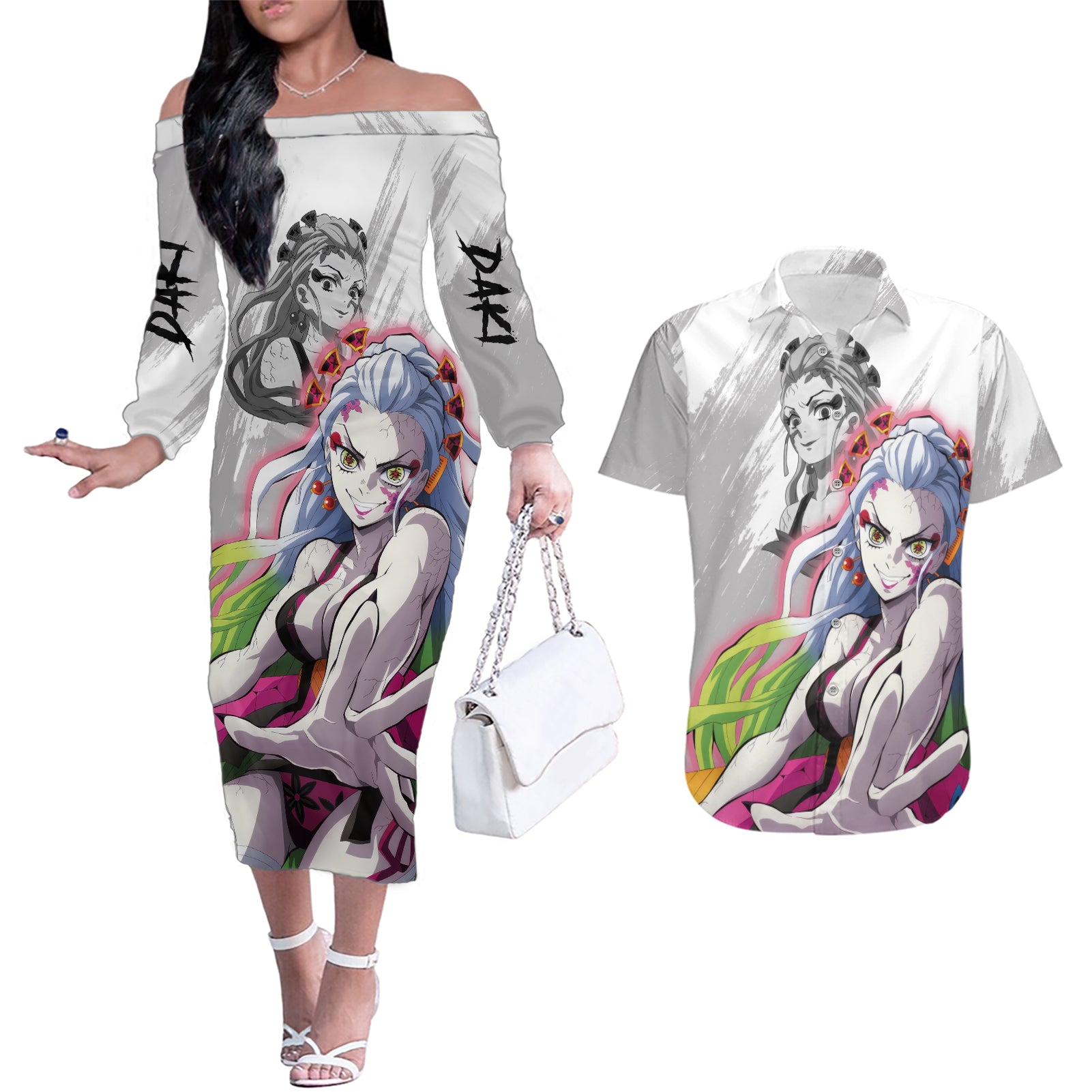 Daki Couples Matching Off The Shoulder Long Sleeve Dress and Hawaiian Shirt Demon Slayer