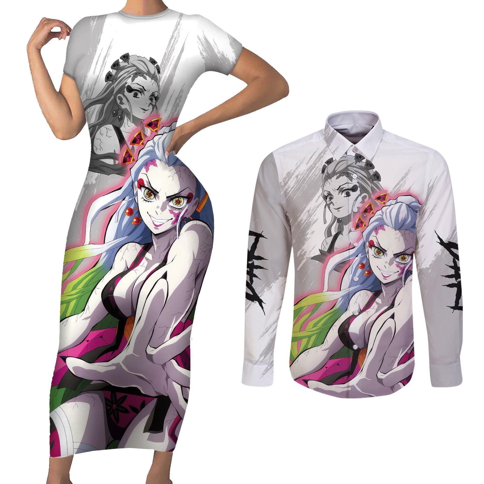 Daki Couples Matching Short Sleeve Bodycon Dress and Long Sleeve Button Shirt Demon Slayer