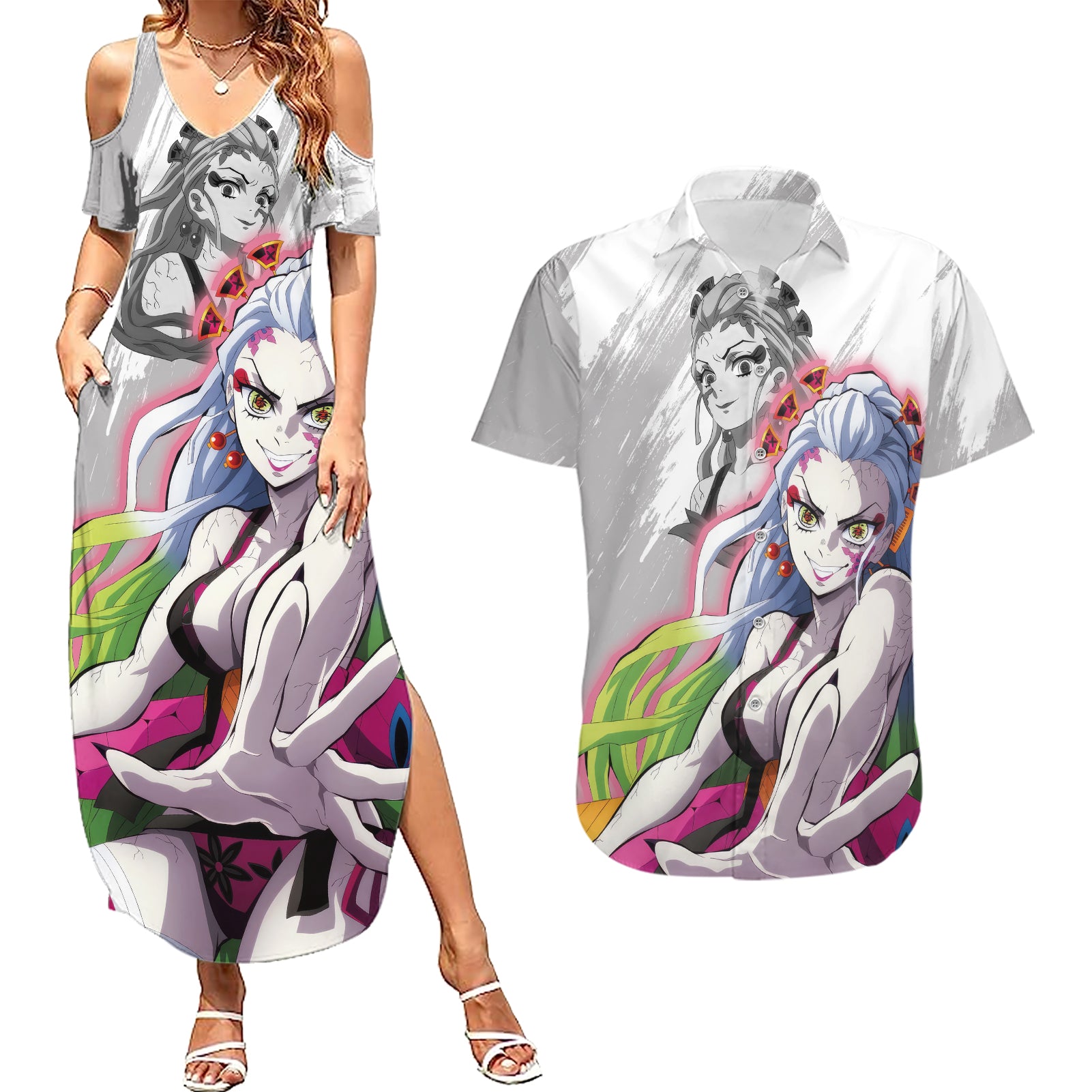 Daki Couples Matching Summer Maxi Dress and Hawaiian Shirt Demon Slayer