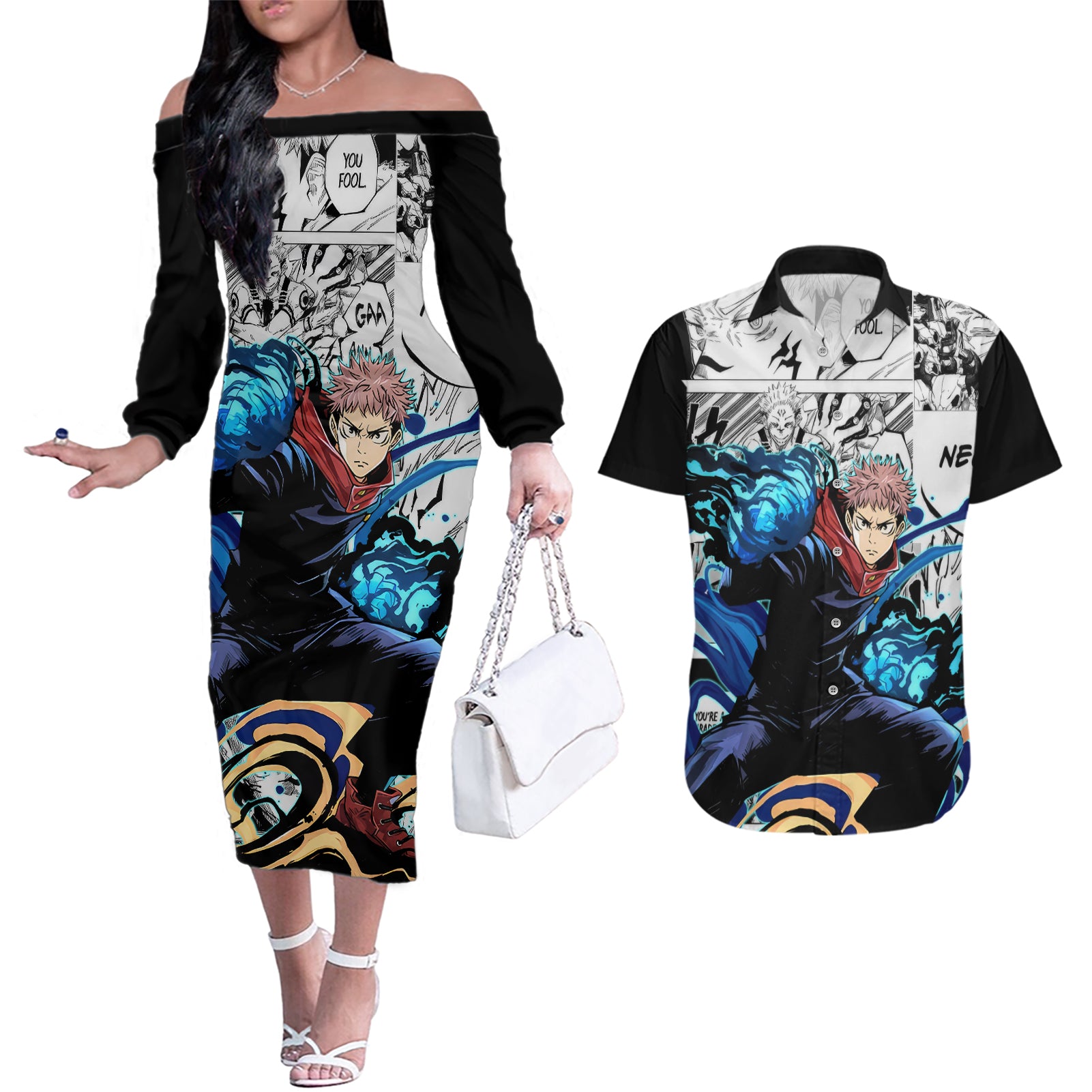 Yuji Itadori - Jujutsu Kaisen Couples Matching Off The Shoulder Long Sleeve Dress and Hawaiian Shirt Manga Style