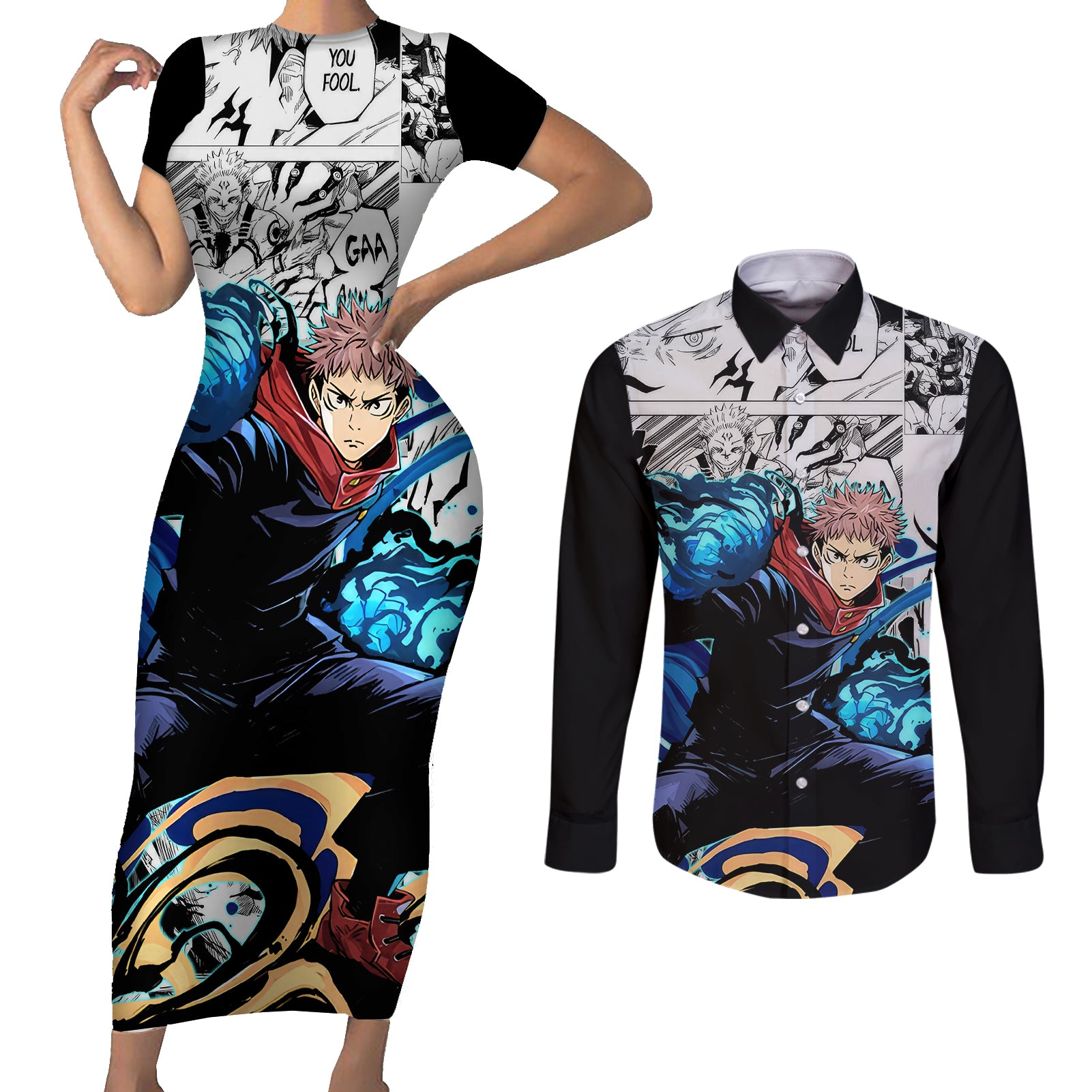 Yuji Itadori - Jujutsu Kaisen Couples Matching Short Sleeve Bodycon Dress and Long Sleeve Button Shirt Manga Style