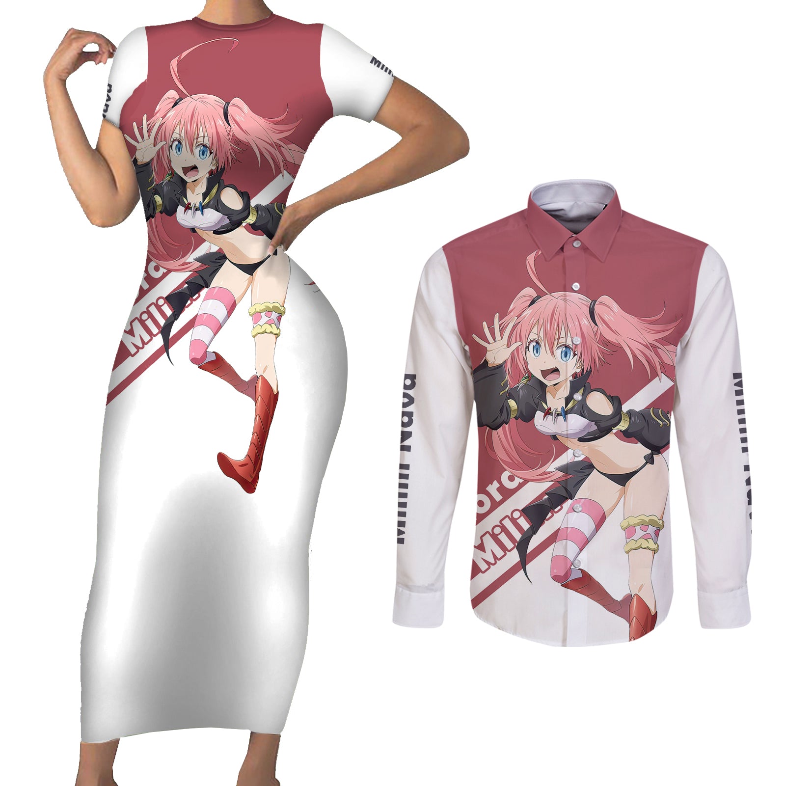 Demon Lord Milim Nava Couples Matching Short Sleeve Bodycon Dress and Long Sleeve Button Shirt TenSura Anime