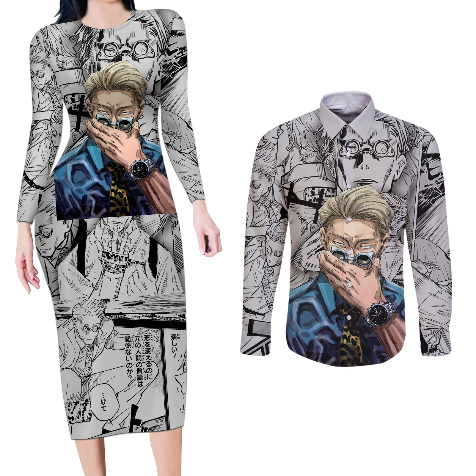 Nanami Kento Couples Matching Long Sleeve Bodycon Dress and Long Sleeve Button Shirt Jujutsu Kaisen