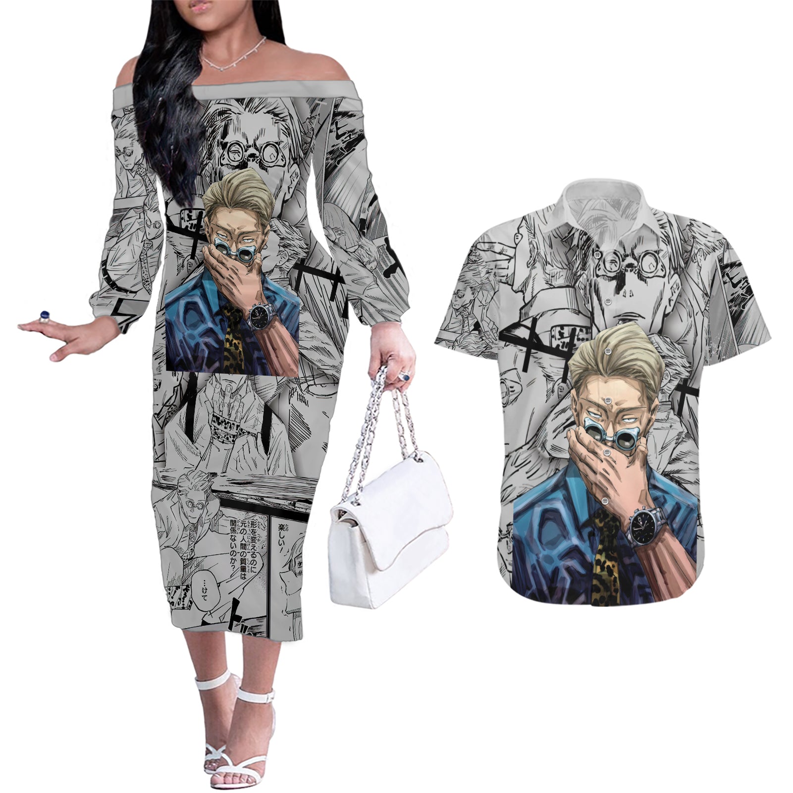 Nanami Kento Couples Matching Off The Shoulder Long Sleeve Dress and Hawaiian Shirt Jujutsu Kaisen