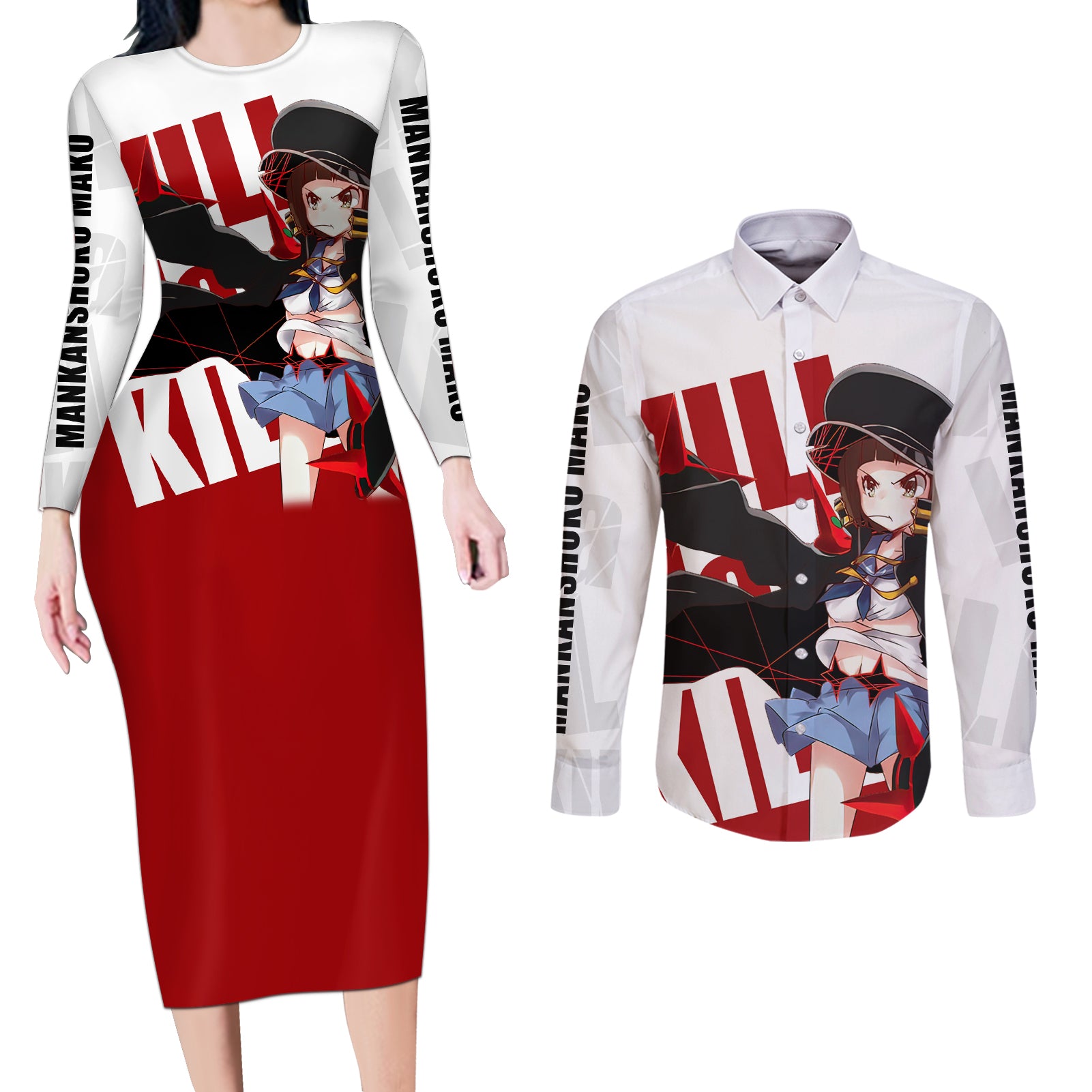 Mankanshoku Mako Couples Matching Long Sleeve Bodycon Dress and Long Sleeve Button Shirt Kill la Kill