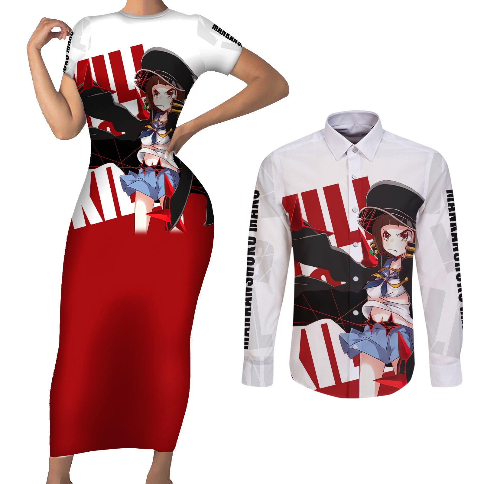 Mankanshoku Mako Couples Matching Short Sleeve Bodycon Dress and Long Sleeve Button Shirt Kill la Kill