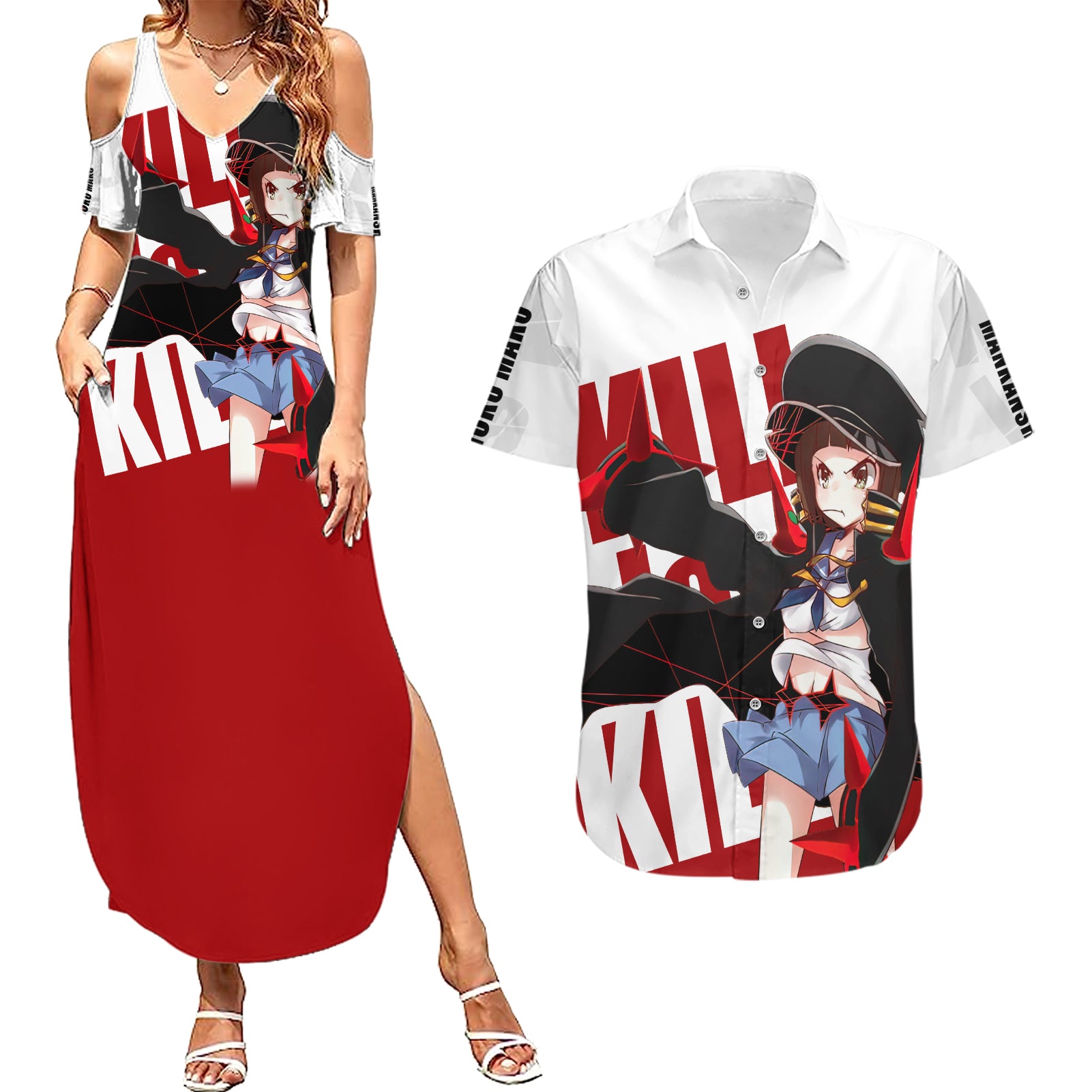 Mankanshoku Mako Couples Matching Summer Maxi Dress and Hawaiian Shirt Kill la Kill