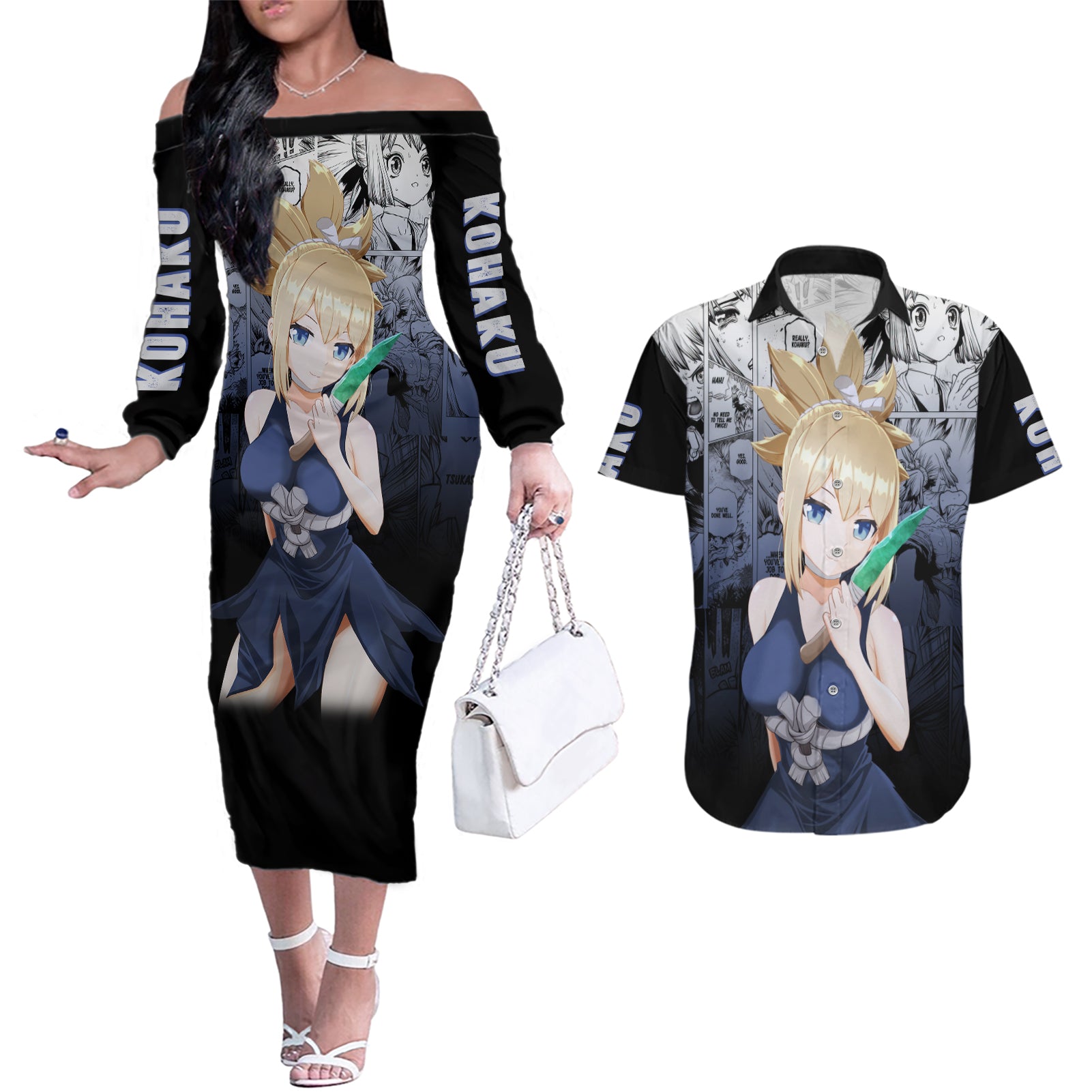 Kohaku Couples Matching Off The Shoulder Long Sleeve Dress and Hawaiian Shirt Dr Stone