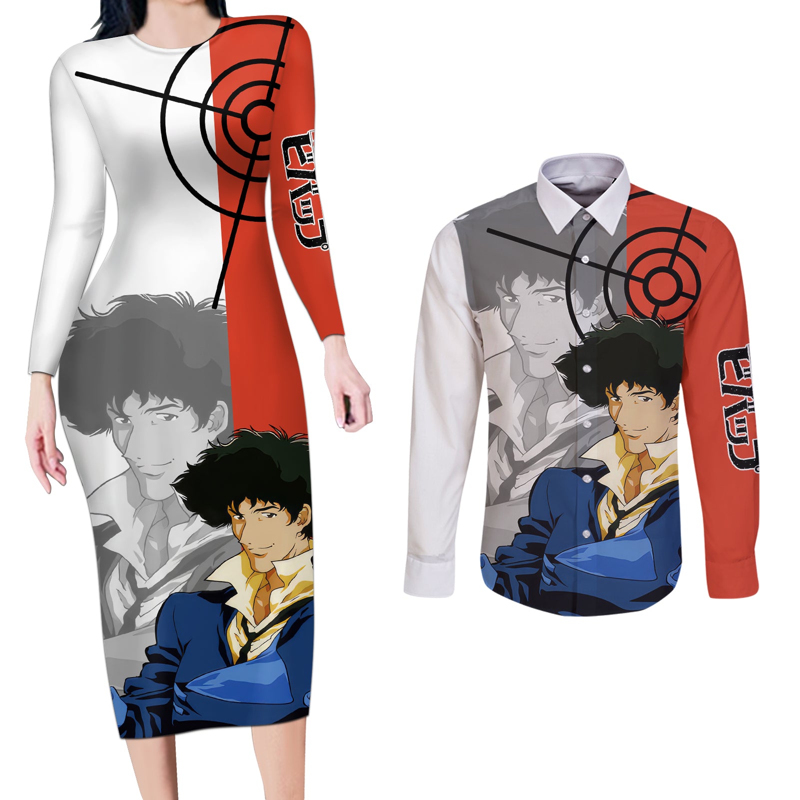 Spike Spiegel Cowboy Bebop Couples Matching Long Sleeve Bodycon Dress and Long Sleeve Button Shirt Anime Style