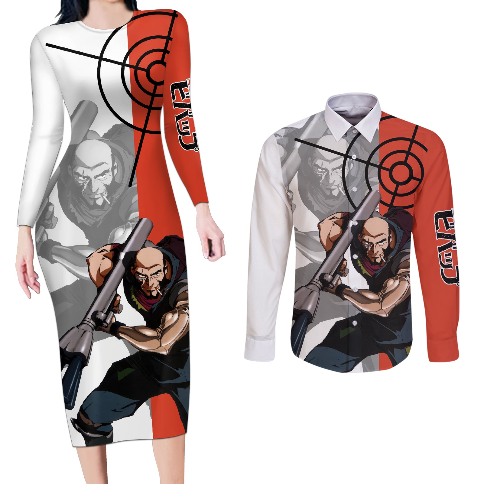 Jet Black Cowboy Bebop Couples Matching Long Sleeve Bodycon Dress and Long Sleeve Button Shirt Anime Style