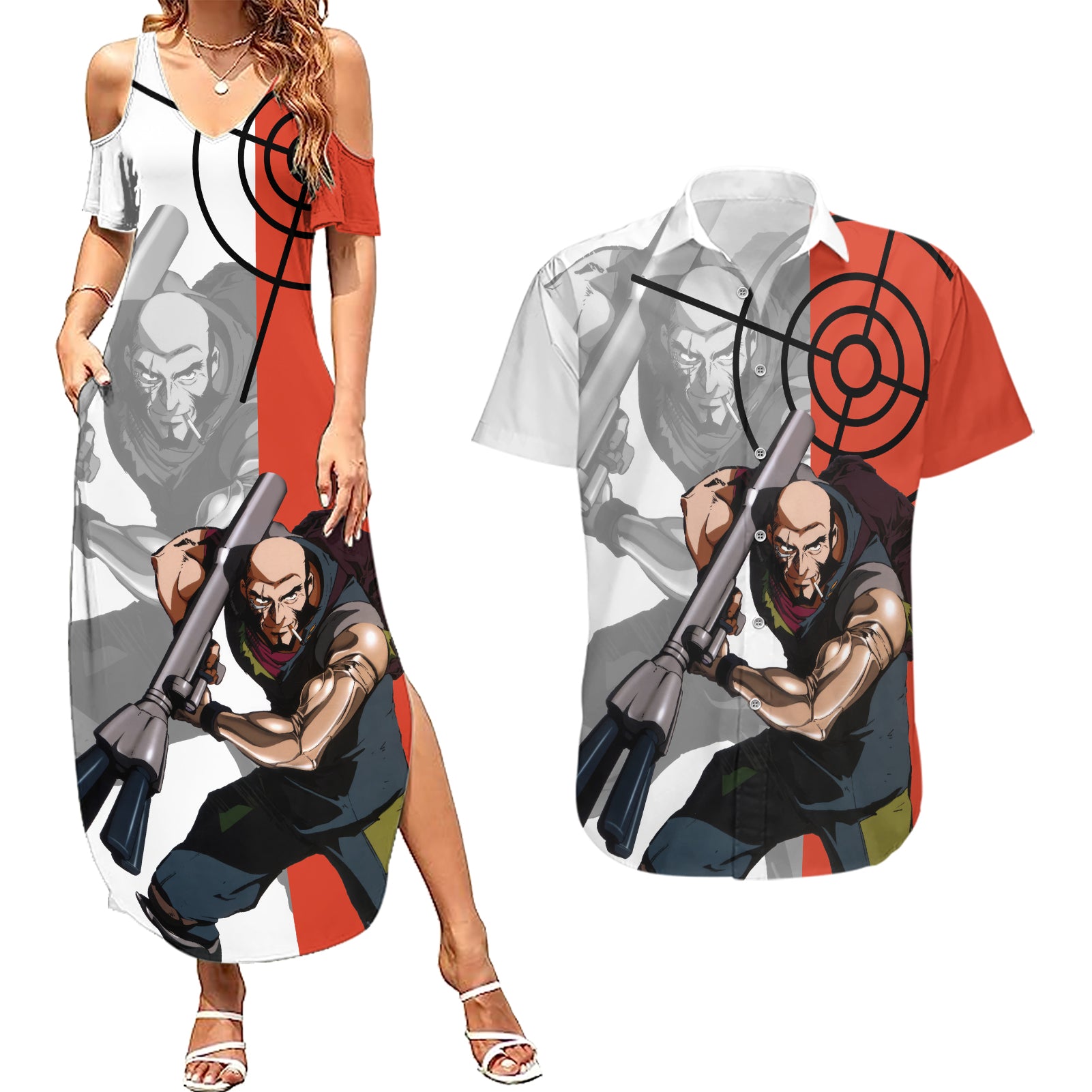 Jet Black Cowboy Bebop Couples Matching Summer Maxi Dress and Hawaiian Shirt Anime Style