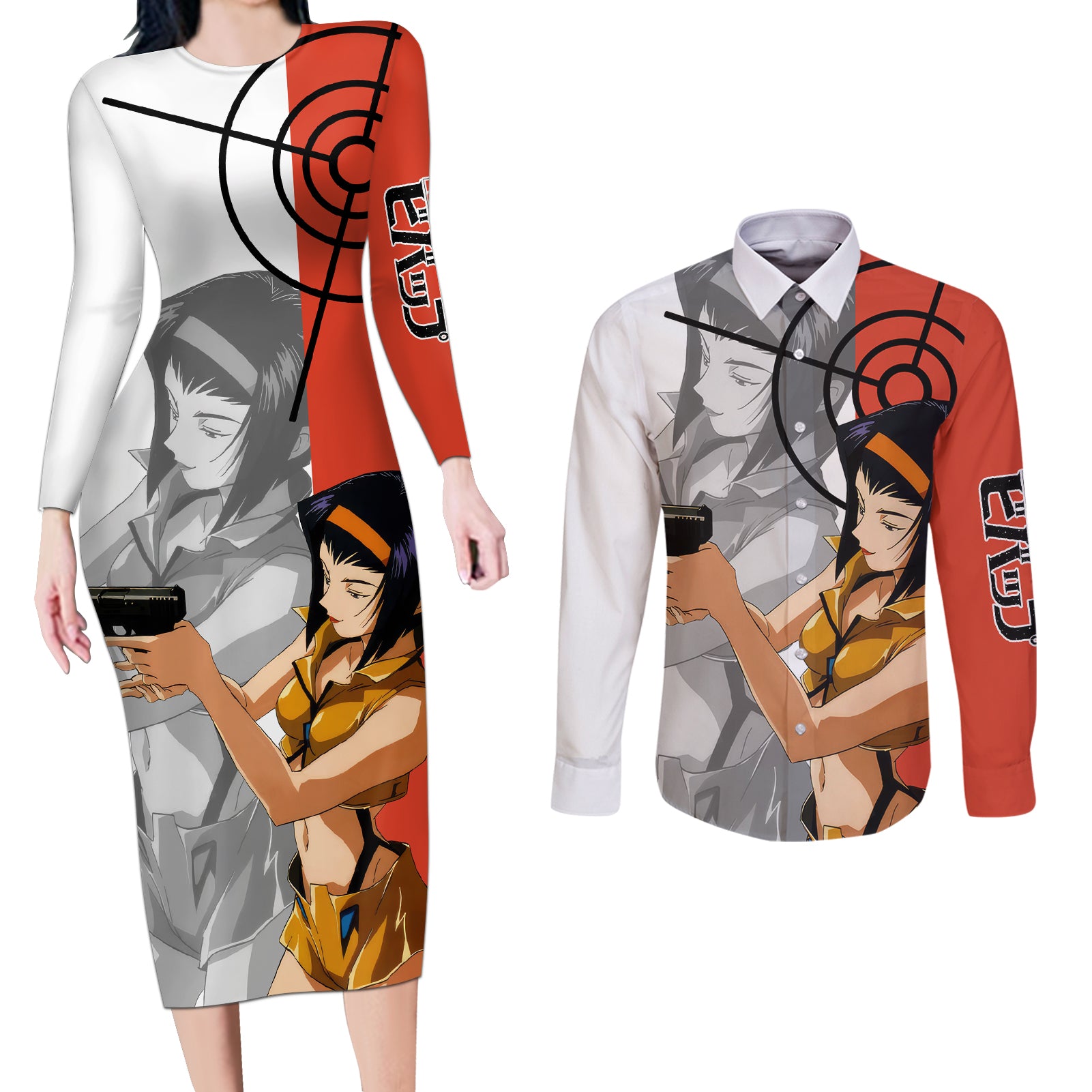 Faye Valentine Cowboy Bebop Couples Matching Long Sleeve Bodycon Dress and Long Sleeve Button Shirt Anime Style