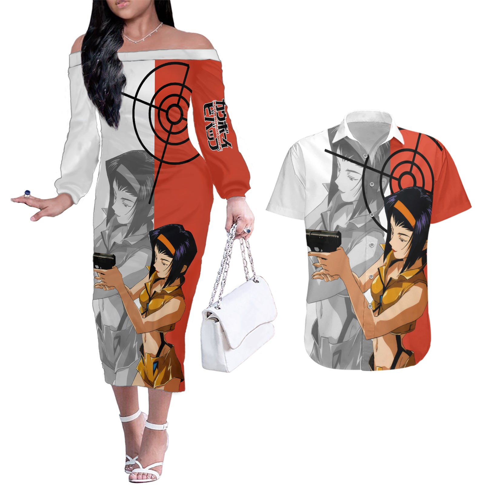 Faye Valentine Cowboy Bebop Couples Matching Off The Shoulder Long Sleeve Dress and Hawaiian Shirt Anime Style